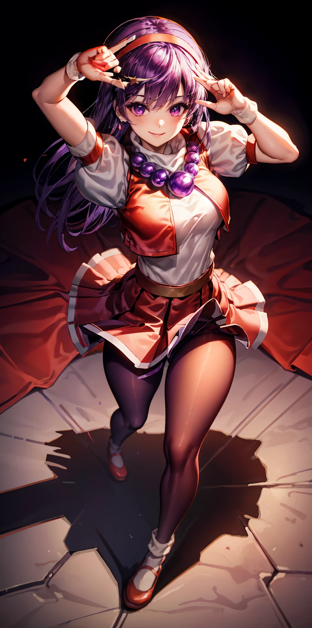 (masterpiece), (best quality), (ultra-detailed), intricate detail, no background, white background, athena97, 1 girl, solo, purple eyes, purple hair, long hair, white earrings, red hairband, star hair ornament, medium breats, red vest, white turtleneck, white puffy sleeves, short sleeves, red pleated skirt, (deep red pantyhose:1.2), black pantyhose, yellow belt, purple sphere shape necklace, red fingerless gloves, white short socks, red shoes, smile, blush, salute, from above, cowboy shot,