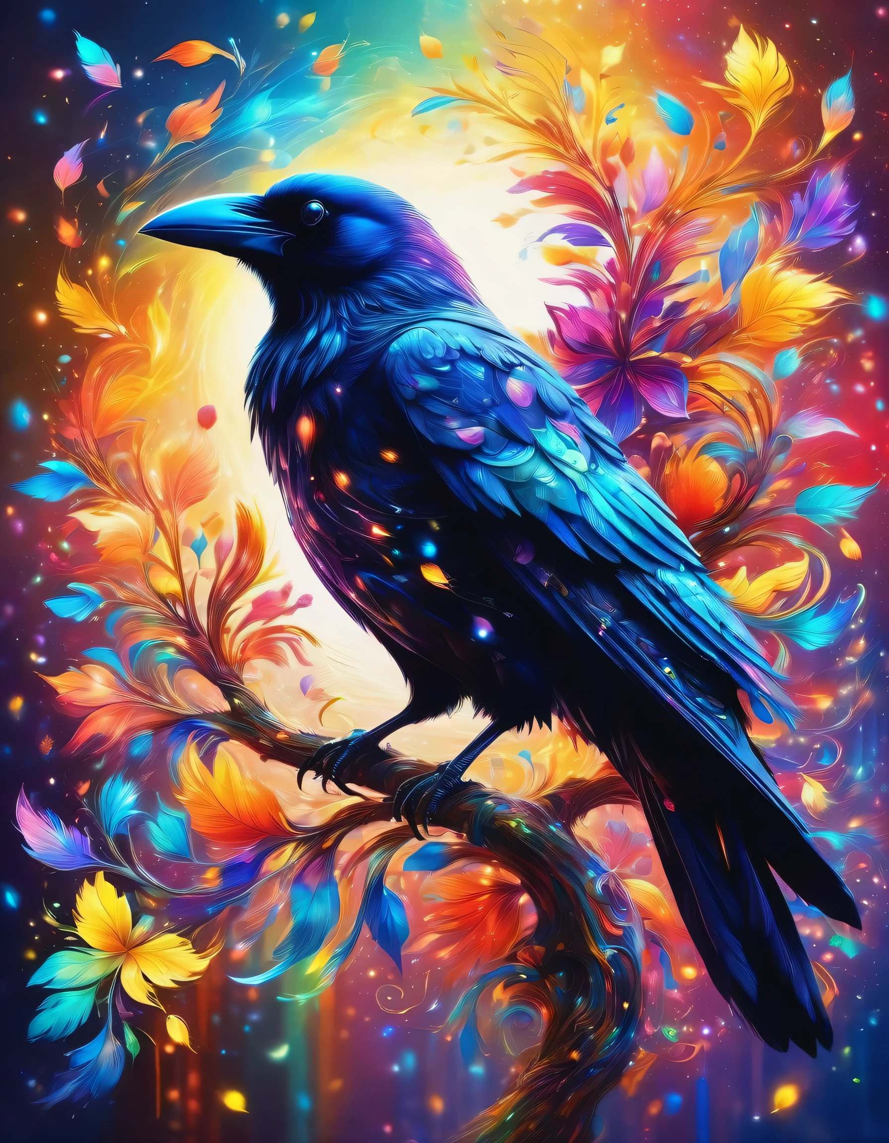 Close-up shot of a crow,masterpiece,best masterpiece,highest quality,rendering,rich colors,cast colorful spells,dream-like,Detailed details,In detail,,bright colors,beautiful light and shadow,magic,dream-like,Inspiration,beautiful,rendering,colorful,wonderful,particles of light,get used to it,masterpiece,best masterpiece,Art work using light,Artistic,get used to it,