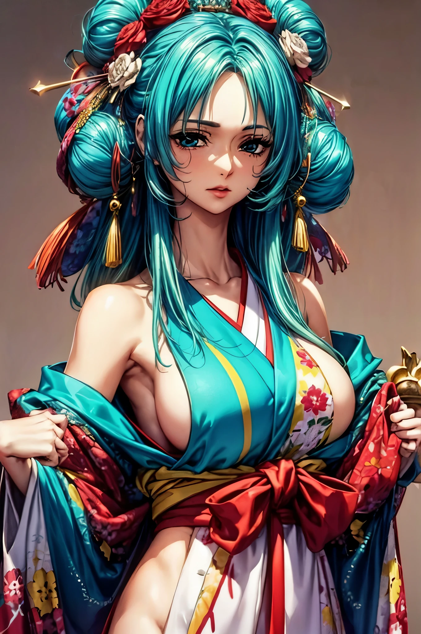 top quality、masterpiece、very high resolution、Ultra high quality、High quality pixels)、perfect eyes, perfect face, Perfect body,alone,8K, Big breasts,(Detailed description of hair), (Detailed description of face),(detailed description of body), Fair and translucent skin, gorgeous, long legs, Long emerald green hair,kimono,single bun,Hair stick,Floral decoration,Cowboy shooting,Sitting in the tea room next door,28 years old,Model diagram,Bangs,Princess's elegance