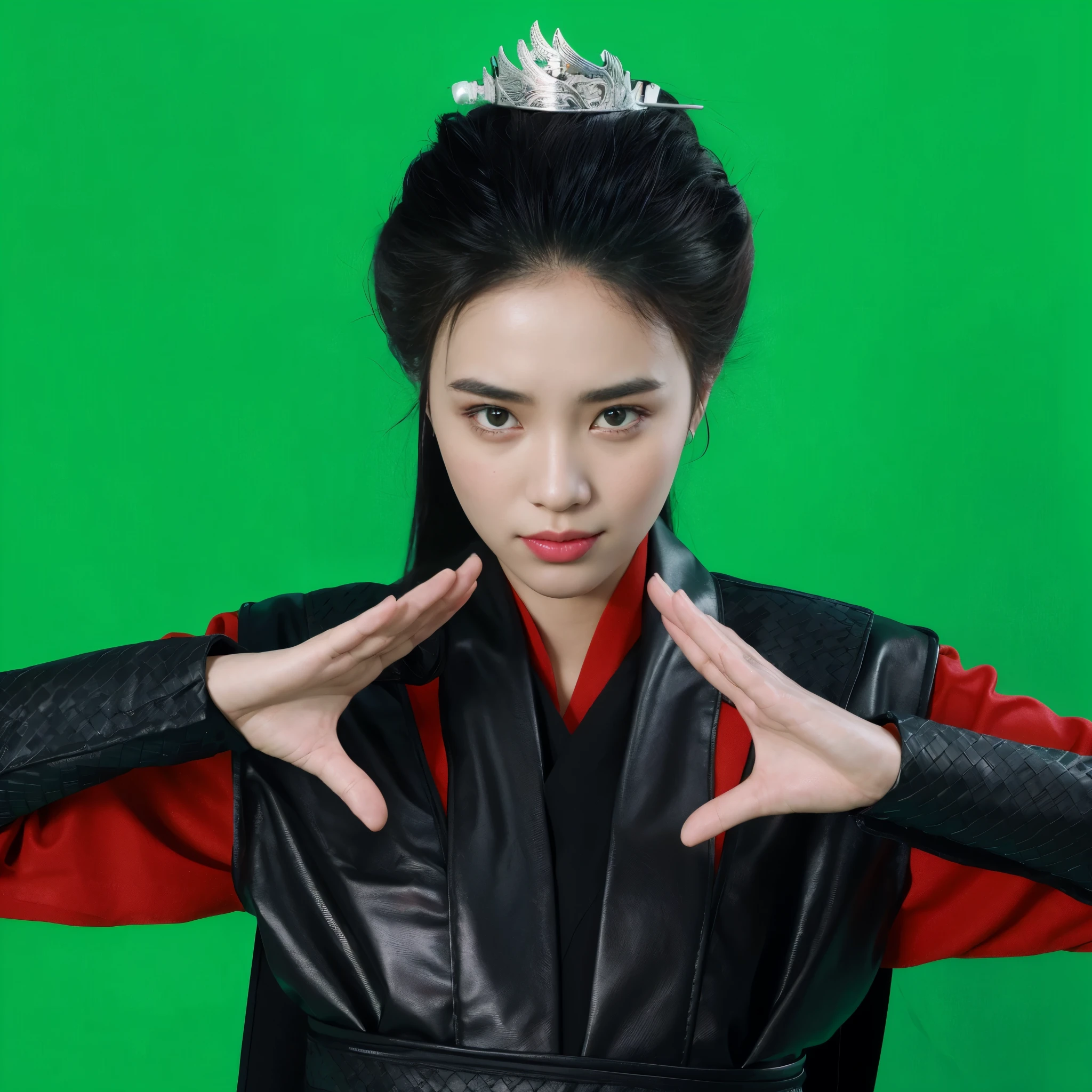 arafed woman in a black and red outfit making a face, iu lee ji-eun as a super villain, portrait of mulan, park shin hye as a super villain, a young woman as genghis khan, star trek asian woman, wearing a crown and green cape, billie eilish as female loki, hito steyerl