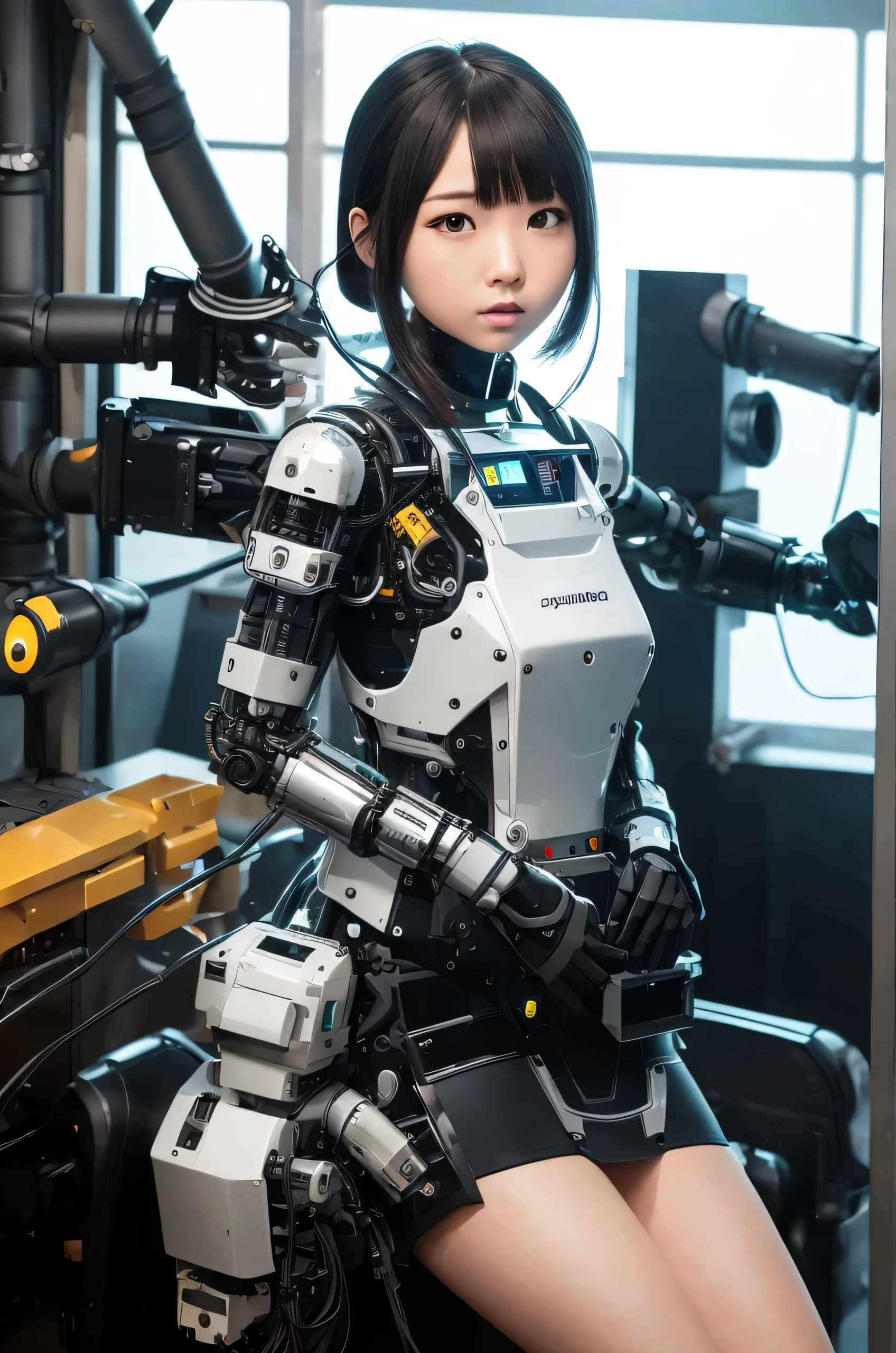 masterpiece, best quality, extremely detailed, Japaese android girl,Plump , control panels,android,Droid,Mechanical Hand, Robot arms and legs, Black hair,Blunt bangs,perfect robot girl,long tube,thick cable connected her neck,android,robot,humanoid,cyborg,japanese cyborg girl ,future laboratory,connecting a cable between the legs,skirt, high socks