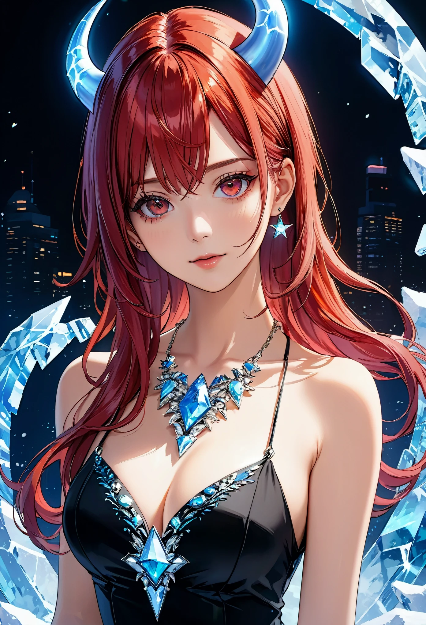 up,epic-Ultra-HD-details, epic-Ultra-HD-highlights, anime-upscaled-resolution, source_kawaii, lit, cutesie))),(realistic, photo-realistic:1.37), precise and realistic hair:1.1), beautiful detailed eyes, extremely detailed eyes and face, awardwinning, amazing details, super detail, best quality, 1080P, 8k, masterpiece,(fullbody shot), 1girl, asymmetrical bangs, Topless, (Exquisite business suit:1.5), red hair, necklace pendant between breasts, huge breasts, Glowing, eyes, (ice devil horns:1.5), eye shadow, Eyeliner, devil tail, Black Halo,hair strand, (nipple tweak:2.0),