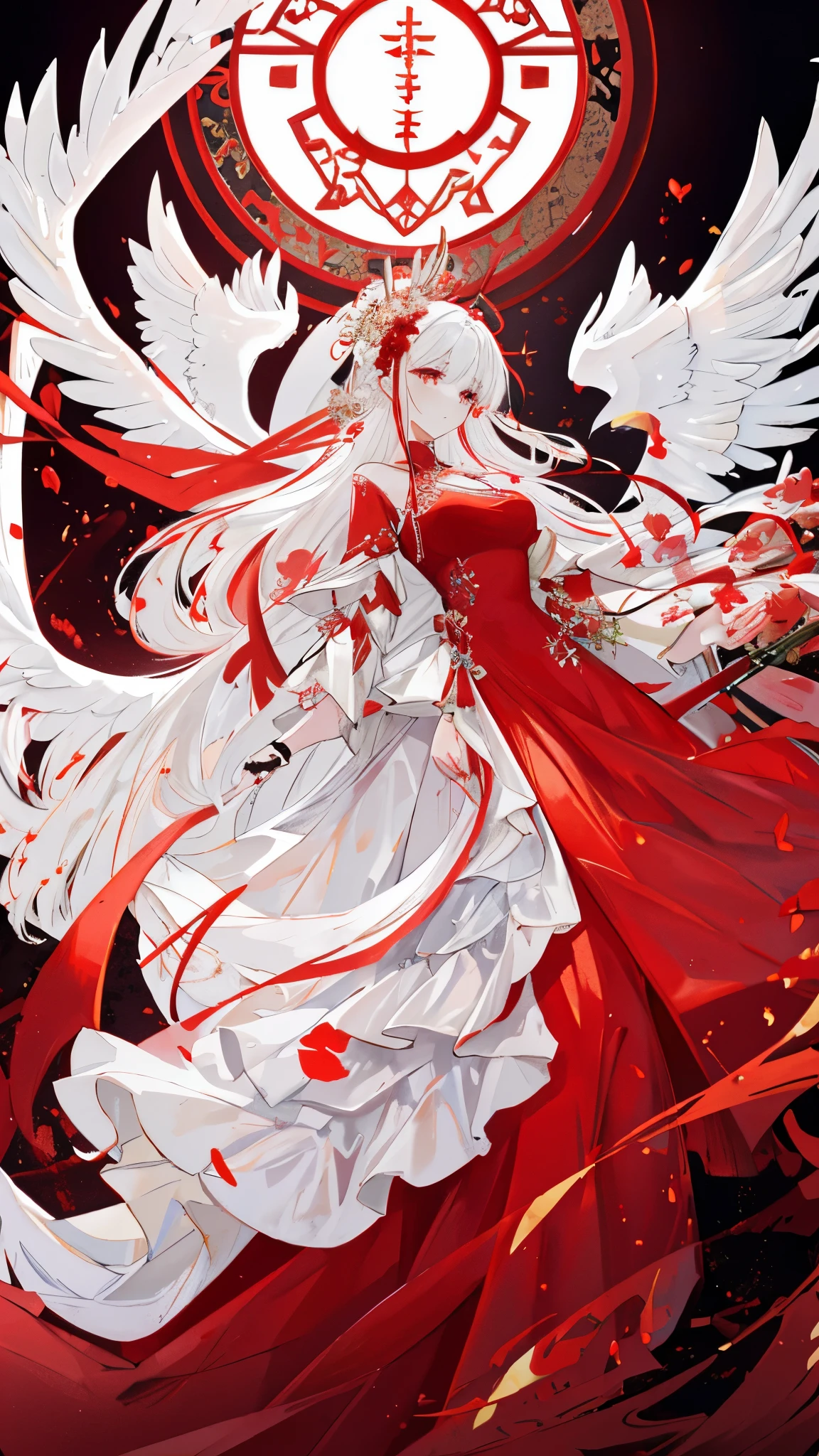 Very exquisite and beautiful CG illustrations, best quality, High resolution, Dynamic angle, full-body shot, (1 girl), eyes and length, red dress，Straight white hair, floating, soft light, high key lighting)，red wedding dress，Chinese style，red wedding dress，Phoenix Crown，Phoenix pattern，Phoenix pattern，Hexiu Clothing，ribbon，Ethereal，mysterious