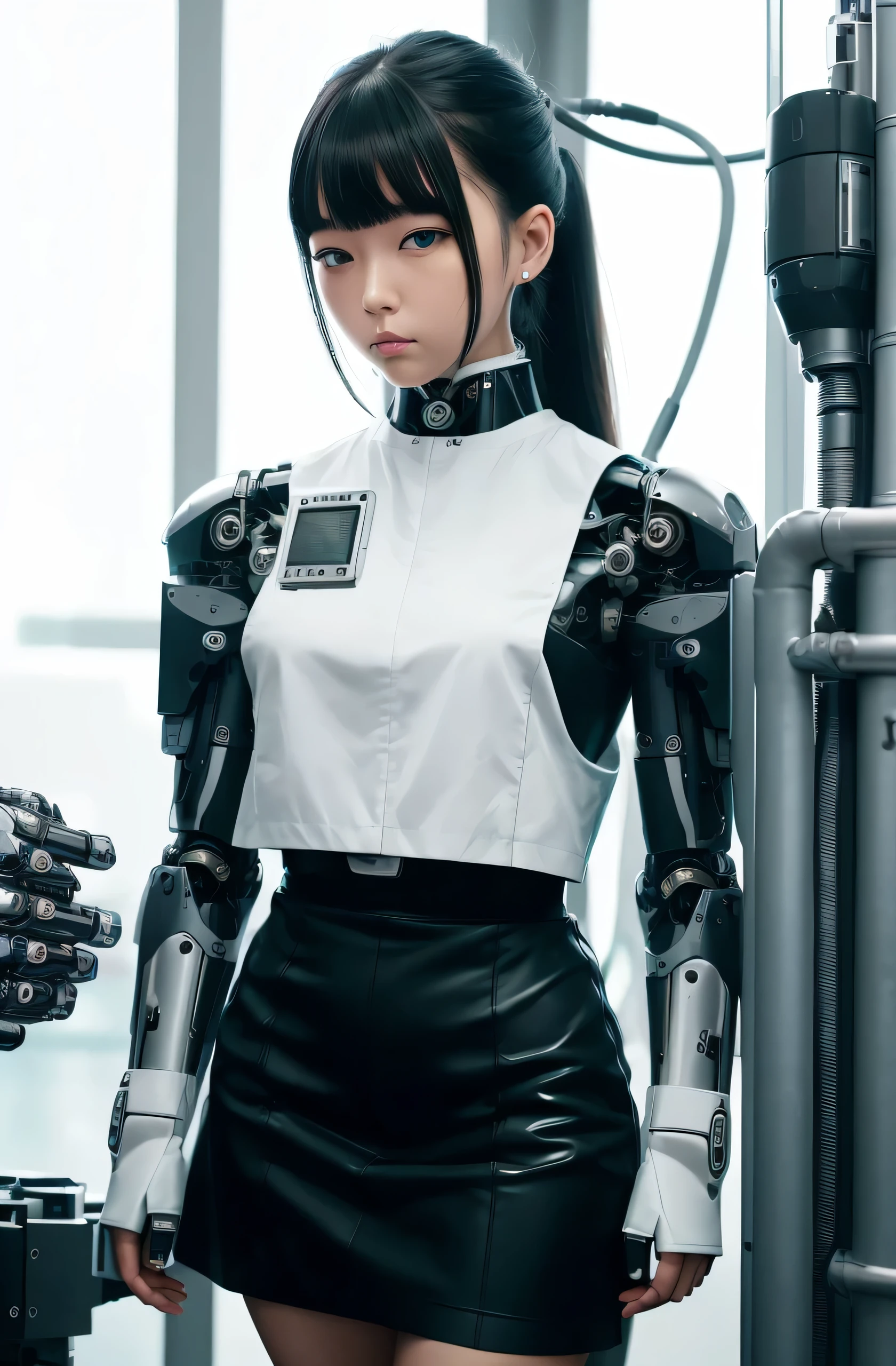masterpiece, best quality, extremely detailed, Japaese android girl,Plump , control panels,android,Droid,Mechanical Hand, Robot arms and legs, Black hair,Blunt bangs,perfect robot girl,long tube,thick cable connected her neck,android,robot,humanoid,cyborg,japanese cyborg girl ,future laboratory,connecting a cable between the legs,skirt, high socks,blue eyes