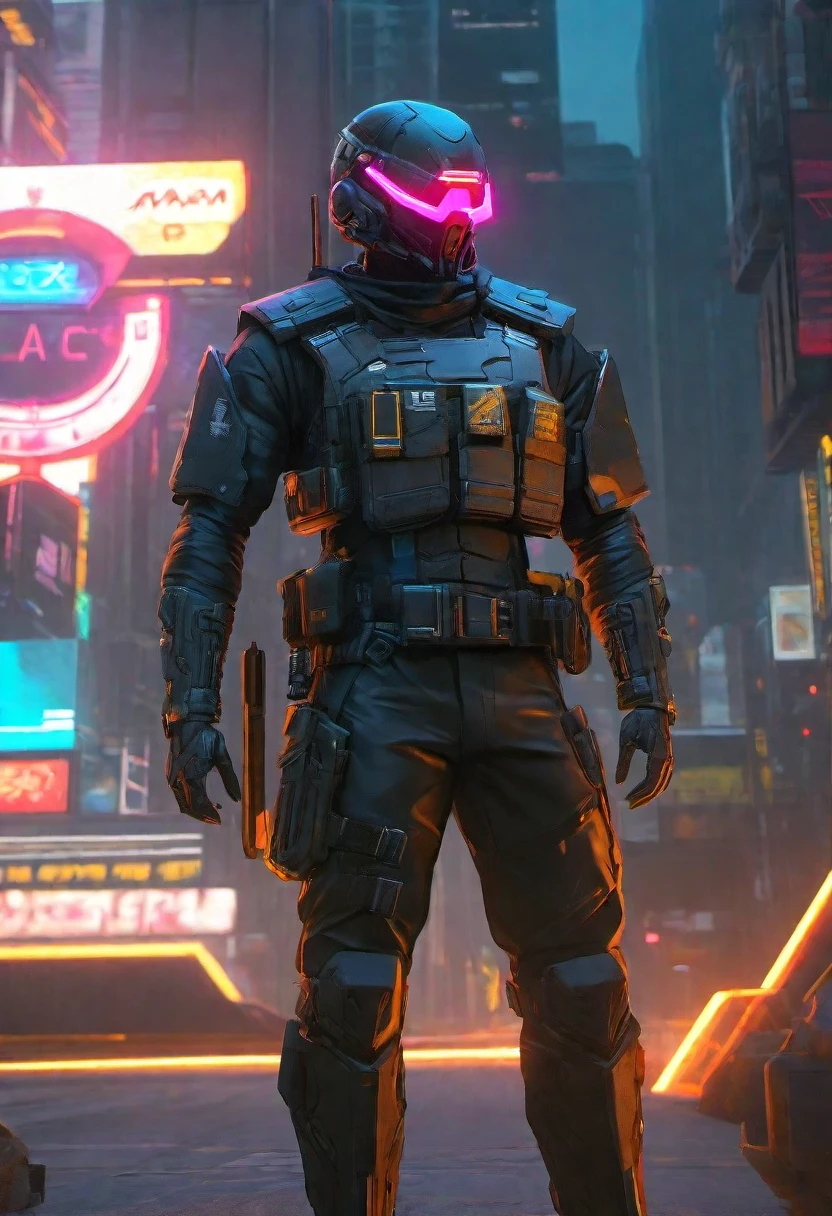 high-res, masterpiece, best quality, Helmet with a tactical armour, Visor, Shoulder pads, Utility belt, Cyberpunk, futuristic, sharpness, cyberpunk city, street neon lights, insta pic, photo of the year, Tactical vest with ammo pouches, A black cape behind him flowing in the wind, Thigh gun holster,