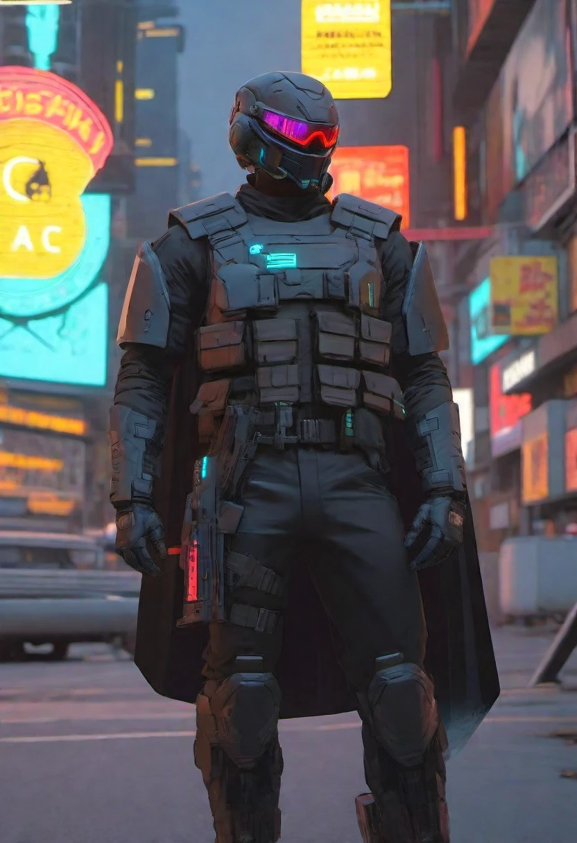  high-res, masterpiece, best quality,  Helmet with a tactical armour, Visor, Shoulder pads, Utility belt, Cyberpunk, futuristic, sharpness, cyberpunk city, street neon lights, insta pic, photo of the year, Tactical vest with ammo pouches, A black cape behind him flowing in the wind, Thigh gun holster,