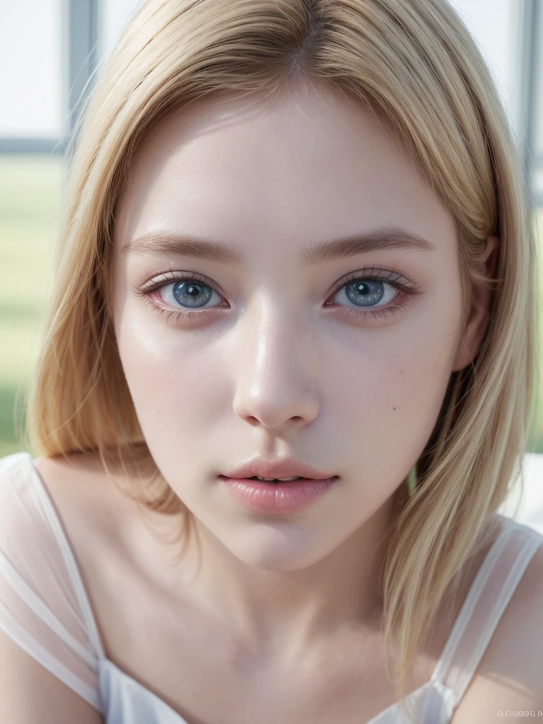 (best quality,4k,8k,highres,masterpiece:1.2),ultra-detailed,(realistic,photorealistic,photo-realistic:1.37),portrait,blonde woman,wearing transparent white dress,sitting on white surface,beautiful detailed eyes,beautiful detailed lips,long eyelashes,vivid colors,soft lighting