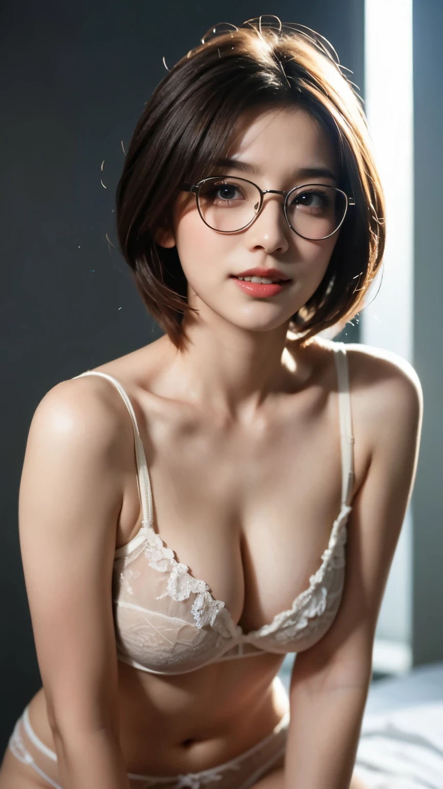 1 female,NSFW,High definition,masterpiece,Highest image quality,8K,Super realistic,portrait,glasses,light brown hair,ecstatic expression,upward glance,looking at the viewer,front view,Her clothes are open and her underwear is visible,sexy,during sex,orgasm face,Focus,