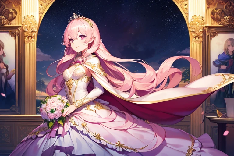 (kawaii),(best quality),(ultra detailed),(rococo style),(long train pastel pink cape:1.15), very long cape,(long train white ball gown with flower decorations:1.1), a girl is wearing a cape over her gown, 1 little princess, tiara, smile, very long hair, small breasts, beautiful detailed eyes, beautiful detailed lips