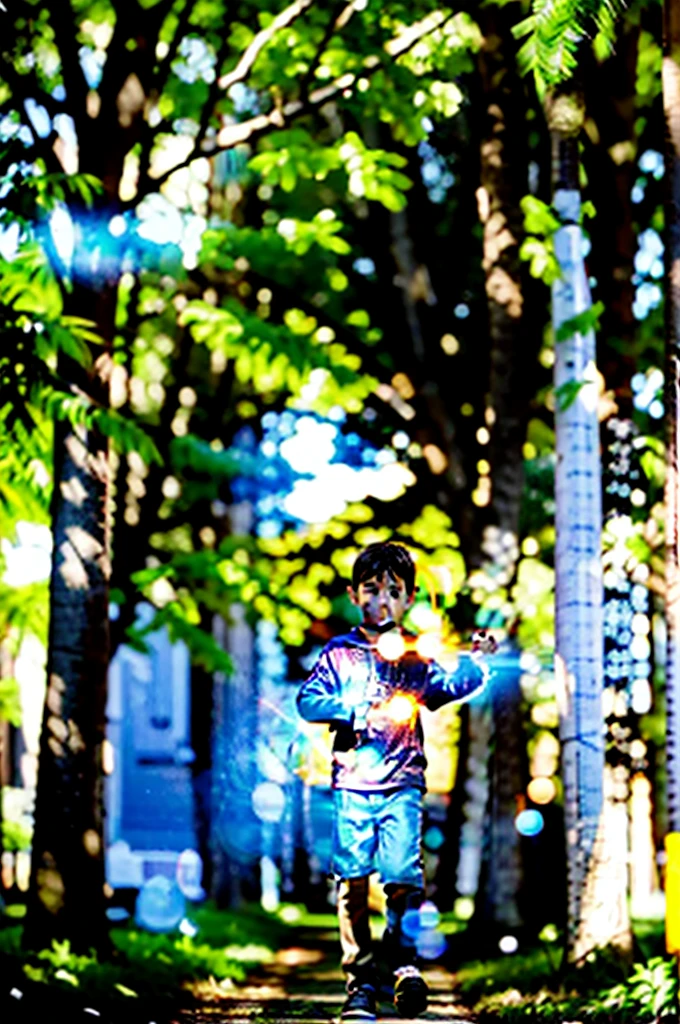 3D, personality: Johnny, a young boy with wide eyes and a curious expression, stumbling upon a shimmering portal hidden behind a tall tree. Him cautiously approaching it, entranced by the mysterious energy emanating from within. unreal engine, hyper real --q 2 --v 5.2 --ar 16:9
