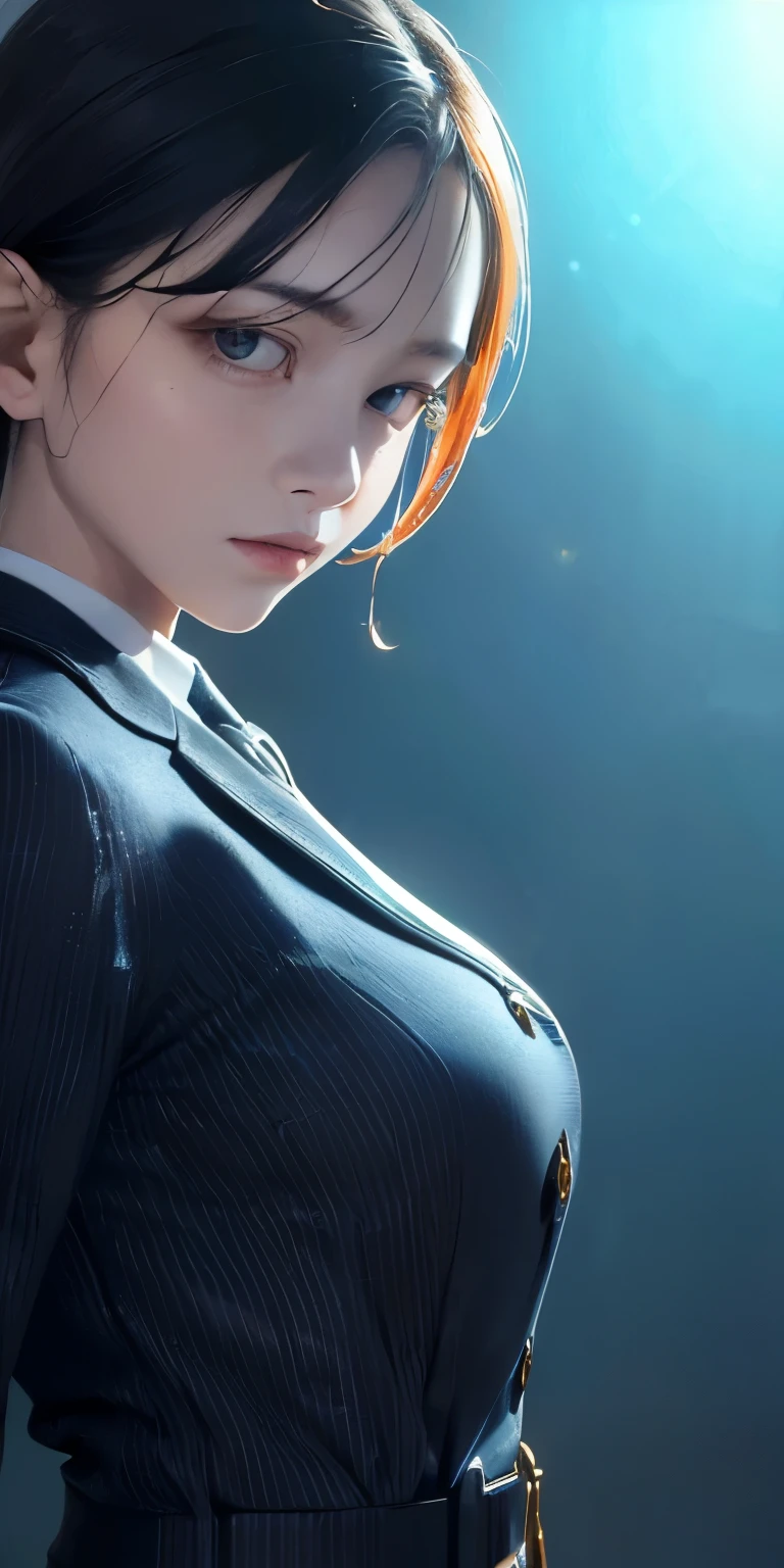 (masterpiece, 最high quality, 最high quality, official art, beautiful and aesthetic:1.2), Cinematic lighting、(Key light at 45 degrees from the front,Orange fill light、Soft blue backlight、Strong shadows、blue and orange color palette), accurate human body、detailed person、Correct five-finger、RAW photo、 4K - ultra-vivid、最high quality, masterpiece, ultra high resolution, (reality: 1.4), 

(((oil skin,sparkling skin、realistic skin texture、detailed beautiful skin、shiny skin、Slimy skin、shiny skin、shiny skin)))、

upper body shot, camera angle is low, Depth of the bounds written, Focus on the center, fine eyes, perfect face and eyes、

1 girl,huge breasts, black hair, short hair, business clothes,high quality, super detailed, masterpiece, reality的な