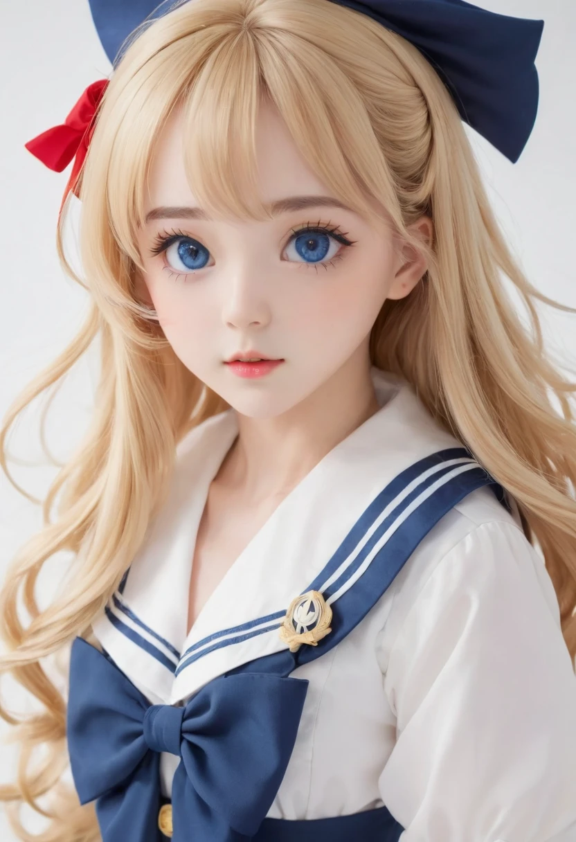 anime, face, blonde hair, blue eyes, long hair, white background,Highest image quality、super delicate、big eyes、cute dress、超Highest image quality、Cute girl task in progress 15% sailor suit、笑face