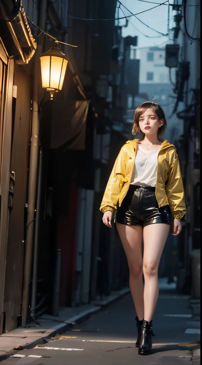 masterpiece,highest quality,High resolution, 1 girl,from below,(とても細くてstraight legs),,(とてもlong legs,straight legs),,high heels,long legs,standing on one's own feet, Legs are long when viewed from the front, perfect body,with perfect legs,(exterior),full body esbian,cyberpunk characters,dynamic pose,1 girl,delicate eyes,brown eyes,eye shadow,put on makeup,white long hair, detailed face, fine eyes, looking at the viewer, 鬠红\(put on makeup\), plump lips, red lip,(white long hair:1.3), (standing on one's own feet)mechanically static,machine summon,(hair ornaments:1.1),headgear,((((Yellow Short Jacket,ultra shorts)))),(black lenth stockings,stocking suspenders),city,Light-emitting winding,With a long sword in his hand,arms,cyberpunk light:1.1),neon light,fully mechanical and futuristic elements,technology,The background is a traditional Chinese streetscape,chinatown, street, sky sky, cyberpunk characters, lantern, neon super resolution,(realism:1.3),1(slim:1.2),dramatic lights,vivid details,gorgeous cyberpunk,complex background,Rendering with Octane,