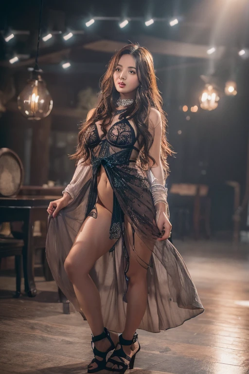 beauty, long hair,1 girl,,beautiful and detailed eyes,cute,professional lighting,highest quality, whole body,(masterpiece:1.5), ( full body waist up pose , pose 1.4 to camera , facing front , various shot angle, sexy sensual stripper dance mini dress, damp, cleavage , boobsy , booty , young 33 yo malay indoasia thailand mixed woman ,