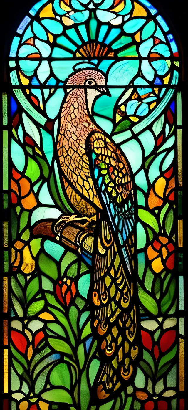 a close up of a Stained glass window with peacocks in it, Highly detailed painting by Olga Rozanova, art station, art nouveau, ( art nouveau ), (art nouveau), maxim verehin Stained glass, translucent rose ornate, Stained glass art, rose, Stained glass!!, beautiful details and colors, Beautiful depiction, Stained glass style