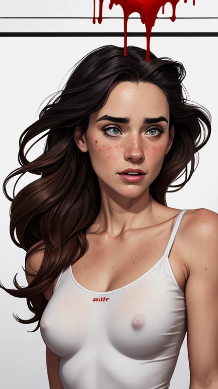 Character style illustration style Completely bare breasts showing small fear Breast size Cartoon name: Isabella Cruz white background medium breasts freckled face Jennifer Connelly actress strong contours Physical description - long straight hair, tingidos de um marrom vibrante que contrasta com sua pele clara. - You reflect a mix of curiosity and determination. - Ela tem uma estatura alta, with a slender and agile figure, evidenciando sua agilidade e destreza. -fundo colorido Design de personagens de retrato, beautiful digital illustration, retrato de alta qualidade, Arte em quadrinhos, Corpo inteiro sensualizando ou pelada. folha de retorno. return sheet member clothes of the day hell day expression of hate and blood on the face