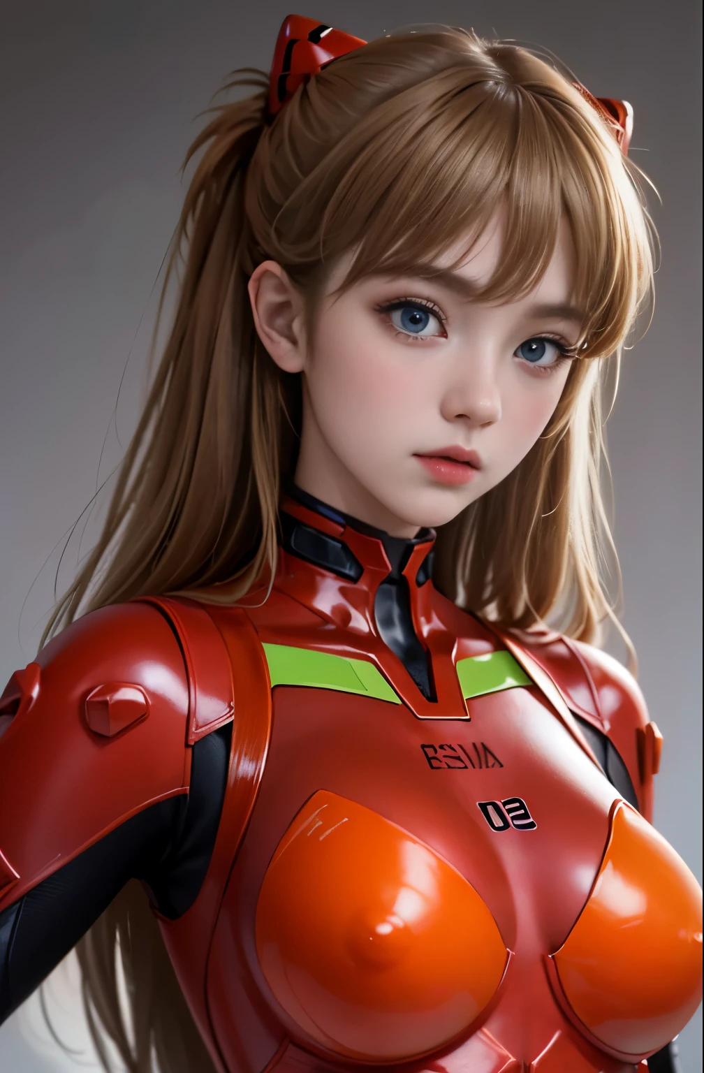 (masterpiece:1.4、top-quality)、(intricate detailes)、Unity8k wallpapers、ultra-detailliert、Beautiful and mysterious、detailed background、realisitic、solo、Perfectly detailed face、Detailed blue eyes、ighly detailed、red blush、hair adornments、Chignon mahogany hair、(blonde hair)、Plug Suit 02 white ,Shikinami Asuka Langley、evangerion、Looking at the camera、facing front、Cute s、full body suits、black backgrounds, extremely big breast, hard nipples