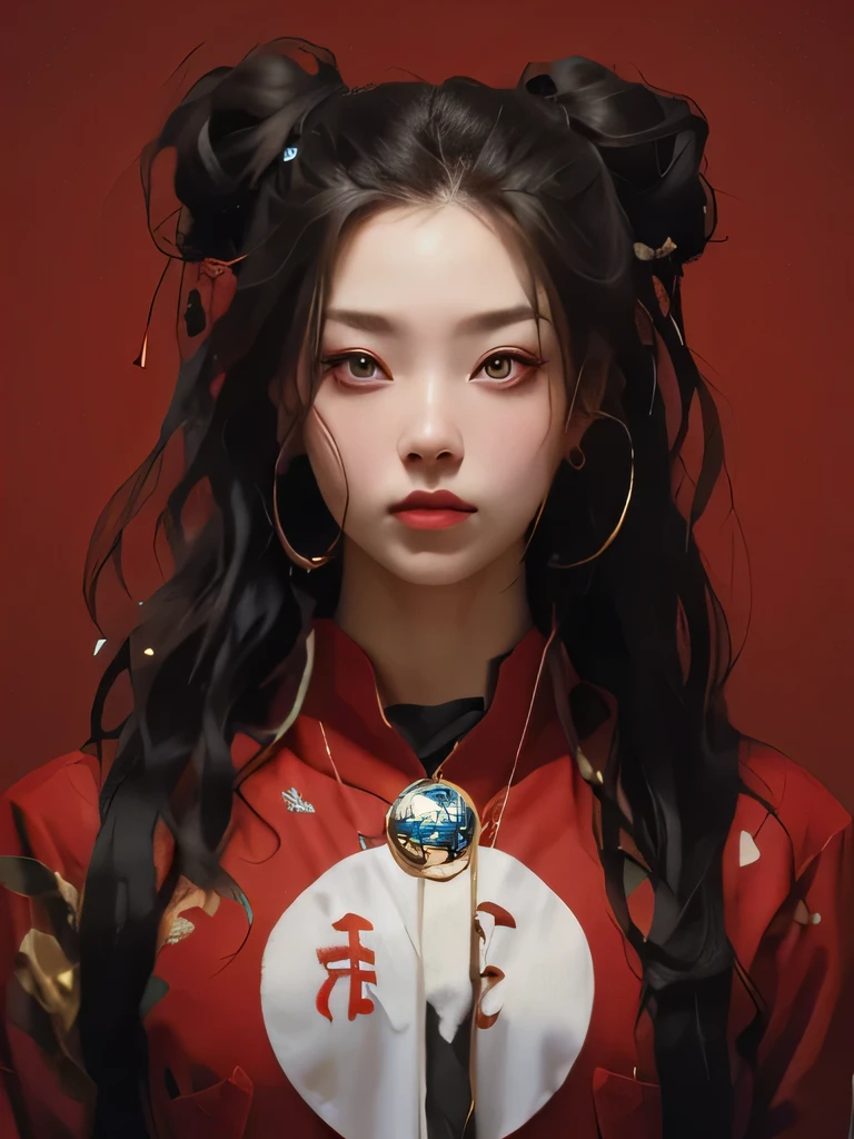 A painting shows a long-haired woman wearing a red shirt,Upper body portrait,New Chinese clothing, guweiz style artwork, rostlan style, inspired by Ross Tran, ross tran style, Rostland 8K, guweiz, by Ross Tran, inspired by Yanjun Cheng, Gurwitz Masterpiece, Ross Painting 1. 0, Ross Painting 2. 0