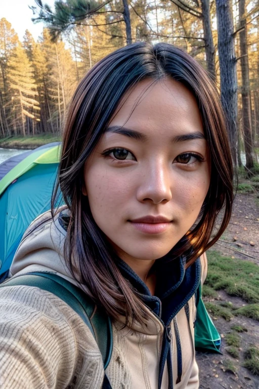 Veronica Cipher ((Upper body selfie, hapiness的)), masterpiece, best quality, Super detailed, alone, outdoor, (night), Mountain, nature, (Star, moon) hapiness, hapiness的, Backpack, sleeping bag, camping stove, Water bottle, Mountain靴, Gloves, sweater, have, flashlight, forest, rock, river, wood, smokes, shadow, Compared, clear sky, analogy style (look at the audience:1.2) (Texture) (film grain:1.3), (Warm colors, Warm colors) :1.2), close up, film light, side light, ultra high resolution, best shadow, raw, Upper body, , Wearing a pullover Kodak Vision 3,