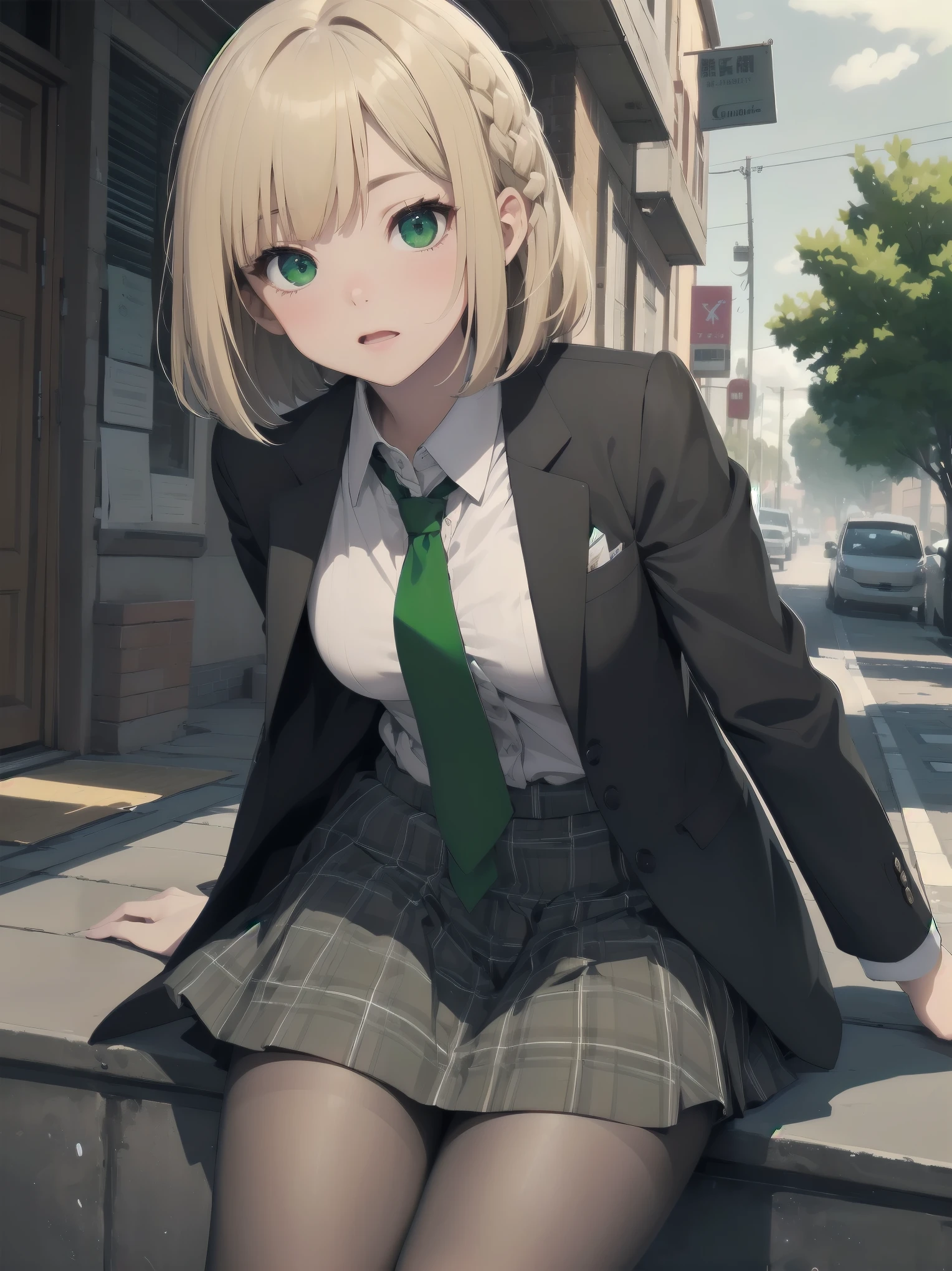 Top-High quality、Highest image quality、masterpiece、high contrast、Elegant、erotic expression、high school girl、blonde、Bob cut braids、uniform、(brown blazer)、ribbon tie、(Green and gray plaid skirt)、(black tights)、cinematic lighting、fine shading、cute、Truly unbelievably cute absurd、outside、outside苑