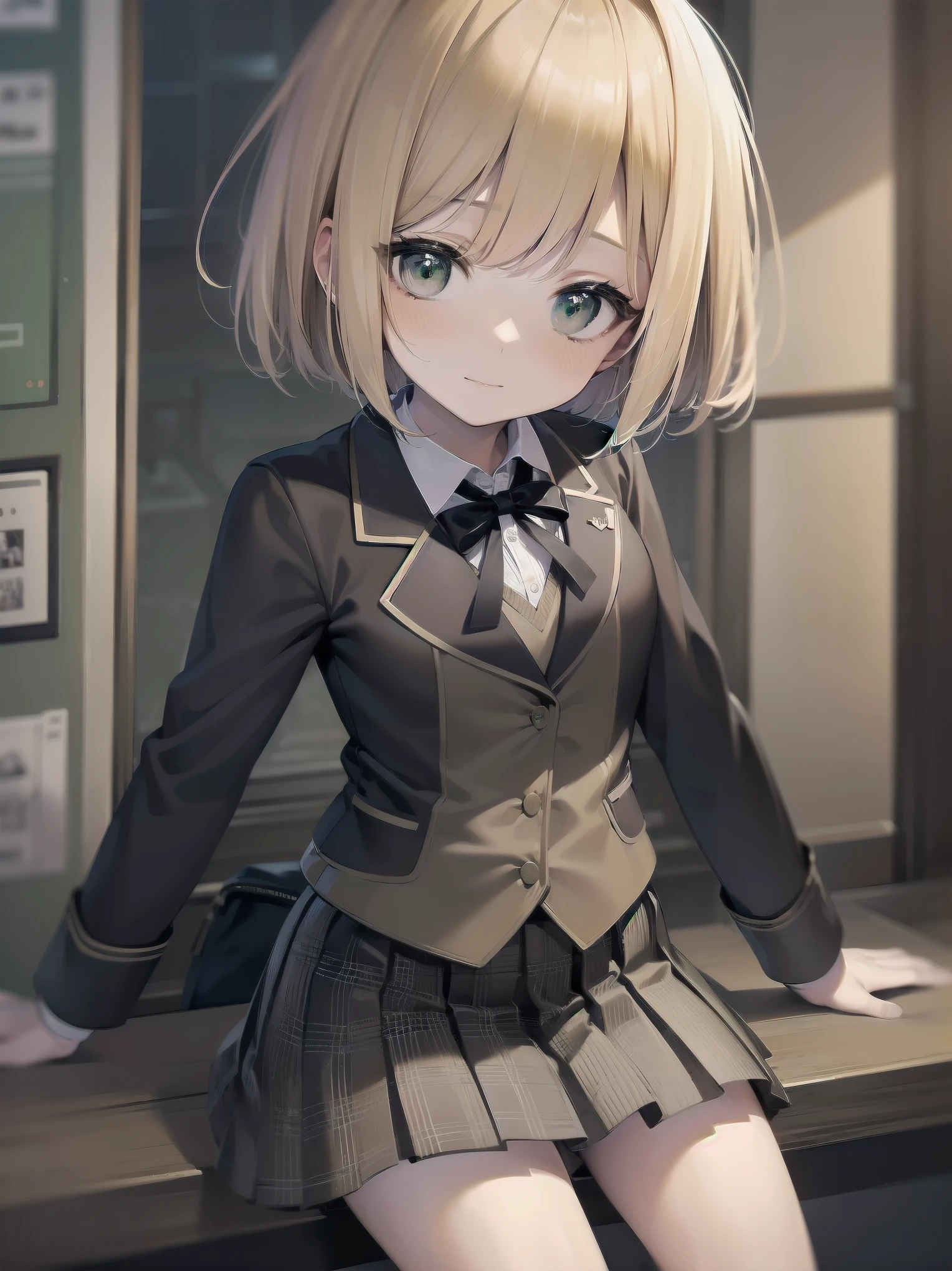 Top-High quality、Highest image quality、masterpiece、high contrast、Elegant、erotic expression、high school girl、blonde、Bob cut braids、uniform、(brown blazer)、ribbon tie、(Green and gray plaid skirt)、(black tights)、cinematic lighting、fine shading、cute、Truly unbelievably cute absurd、outside、outside苑