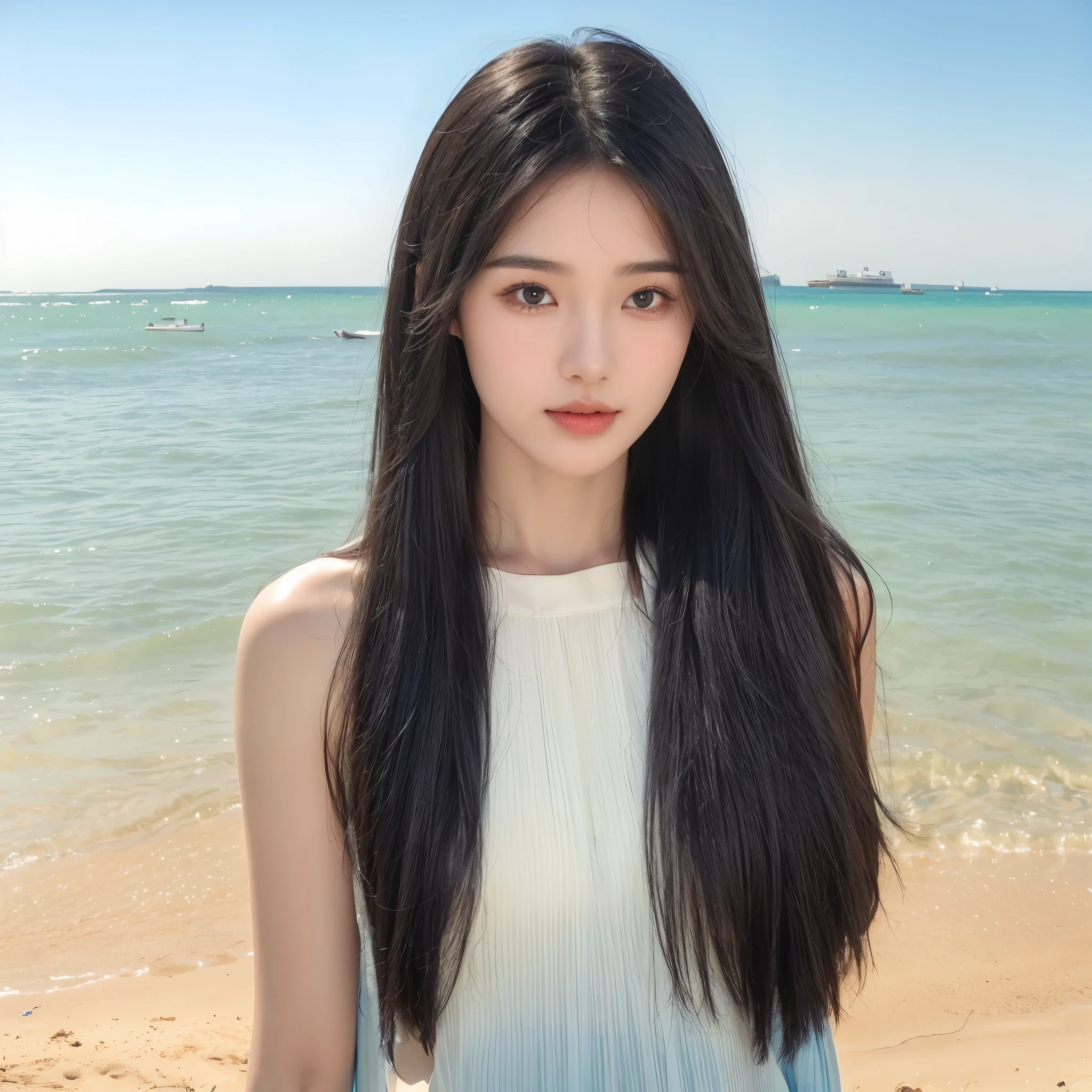 Middle parted bangs,Black beauty with long straight hair,The seaside with blue sky and blue sea,Natural and beautiful black long straight hair