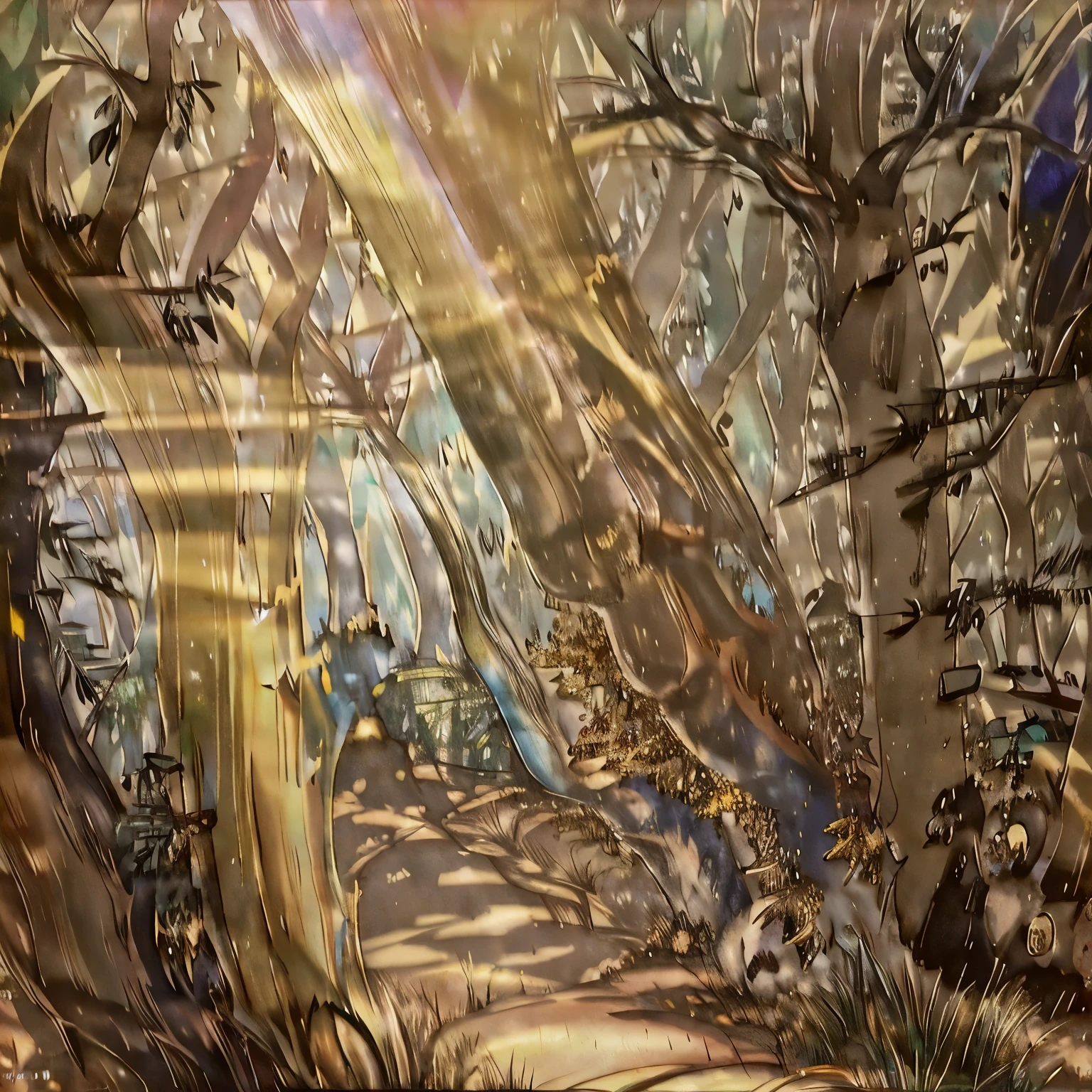 Magic forest with crooked trees and gnarled trunks, covered with shining gems. The rays of the sun penetrate through the foliage, creating a play of light and shadow.