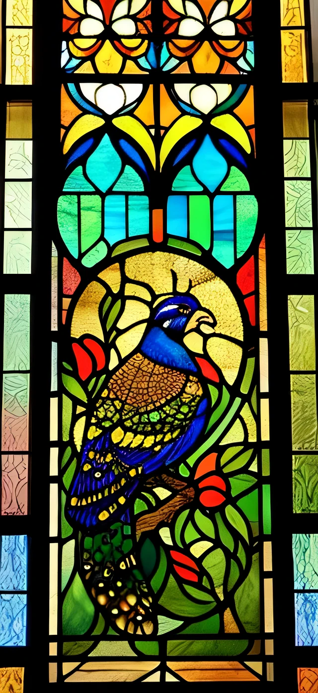a close up of a Stained glass window with peacocks in it, Highly detailed painting by Olga Rozanova, art station, art nouveau, ( art nouveau ), (art nouveau), maxim verehin Stained glass, translucent rose ornate, Stained glass art, rose, Stained glass!!, beautiful details and colors, Beautiful depiction, Stained glass style