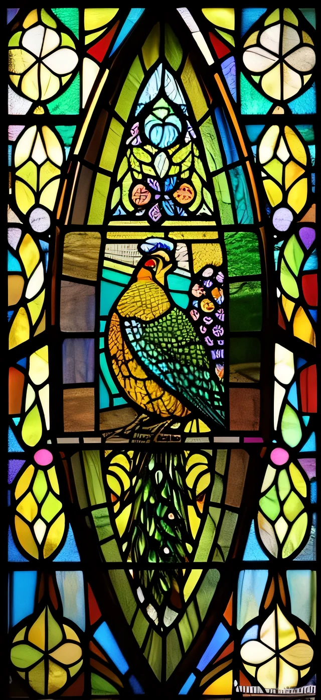 a close up of a Stained glass window with peacocks in it, Highly detailed painting by Olga Rozanova, art station, art nouveau, ( art nouveau ), (art nouveau), maxim verehin Stained glass, translucent rose ornate, Stained glass art, rose, Stained glass!!, beautiful details and colors, Beautiful depiction, Stained glass style