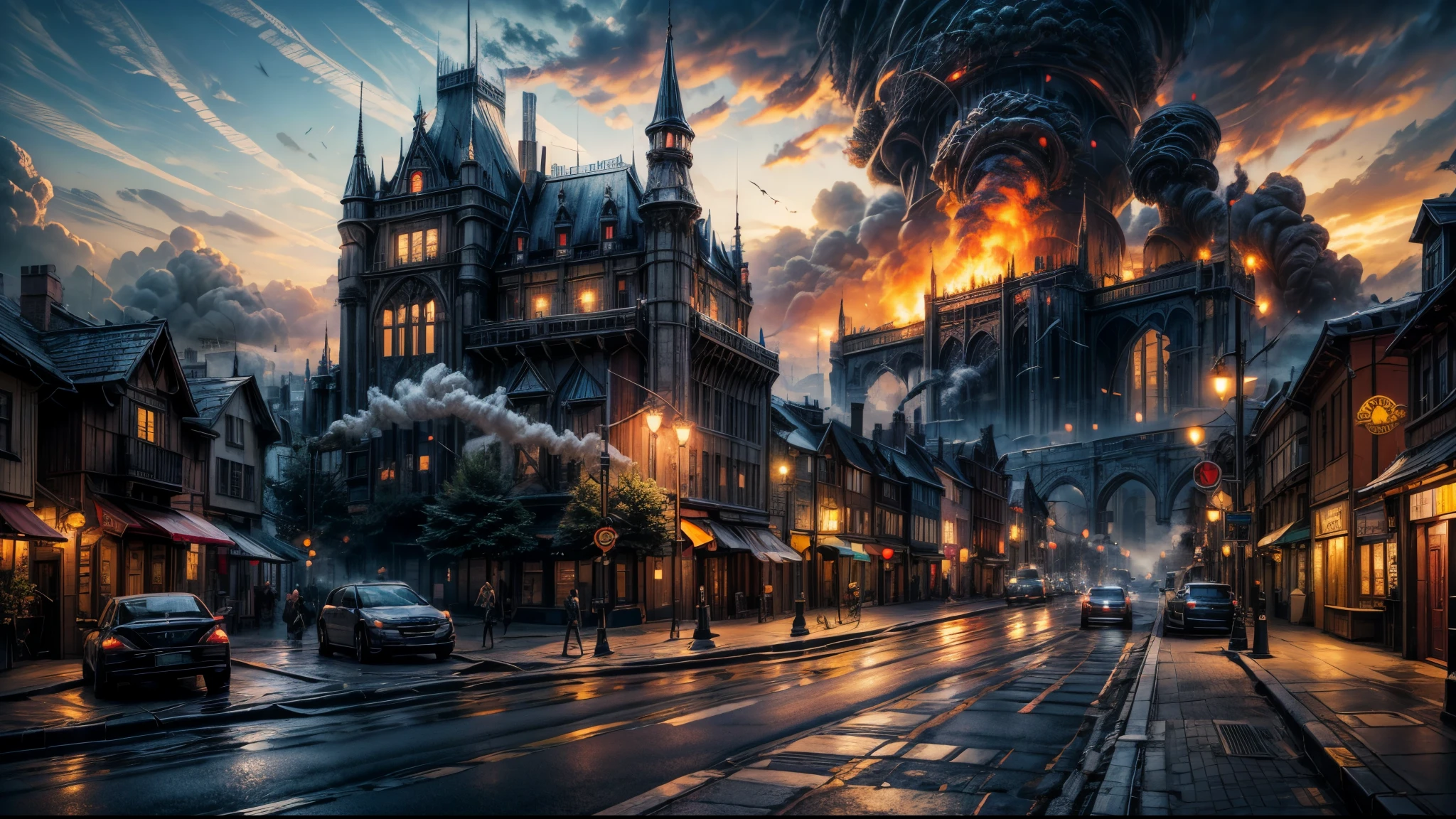 sky completely covered with clouds and smoke, steampunk city, black stone building, concrete buildings, fantasy, dark stone modern castle on the background, pave street, steam pipes near the castle, dark atmosphere, smog-covered sky, wide shot, highres, 4K, high details, award winning, super detail, masterpiece