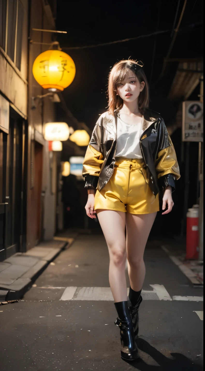 masterpiece,highest quality,High resolution, 1 girl,from below,(とても細くてstraight legs)，,(とてもlong legs，straight legs),,high heels,long legs,standing on one&#39;s own feet, Legs are long when viewed from the front, perfect body,with perfect legs,(exterior)，full body esbian，cyberpunk characters，dynamic pose，1 girl，delicate eyes，brown eyes，eye shadow，put on makeup，white long hair， detailed face， fine eyes， looking at the viewer， 鬠红\（put on makeup\）， plump lips， red lip，（white long hair：1.3）， （standing on one&#39;s own feet）mechanically static，machine summon，(hair ornaments:1.1)，headgear，((((Yellow Short Jacket，ultra shorts))))，(black lenth stockings，stocking suspenders)，city，Light-emitting winding，With a long sword in his hand，arms，cyberpunk light:1.1)，neon light，fully mechanical and futuristic elements，technology，The background is a traditional Chinese streetscape，chinatown， street， sky sky， cyberpunk characters， lantern， neon super resolution，（realism：1.3），1（slim：1.2），dramatic lights，vivid details，gorgeous cyberpunk，complex background，Rendering with Octane，