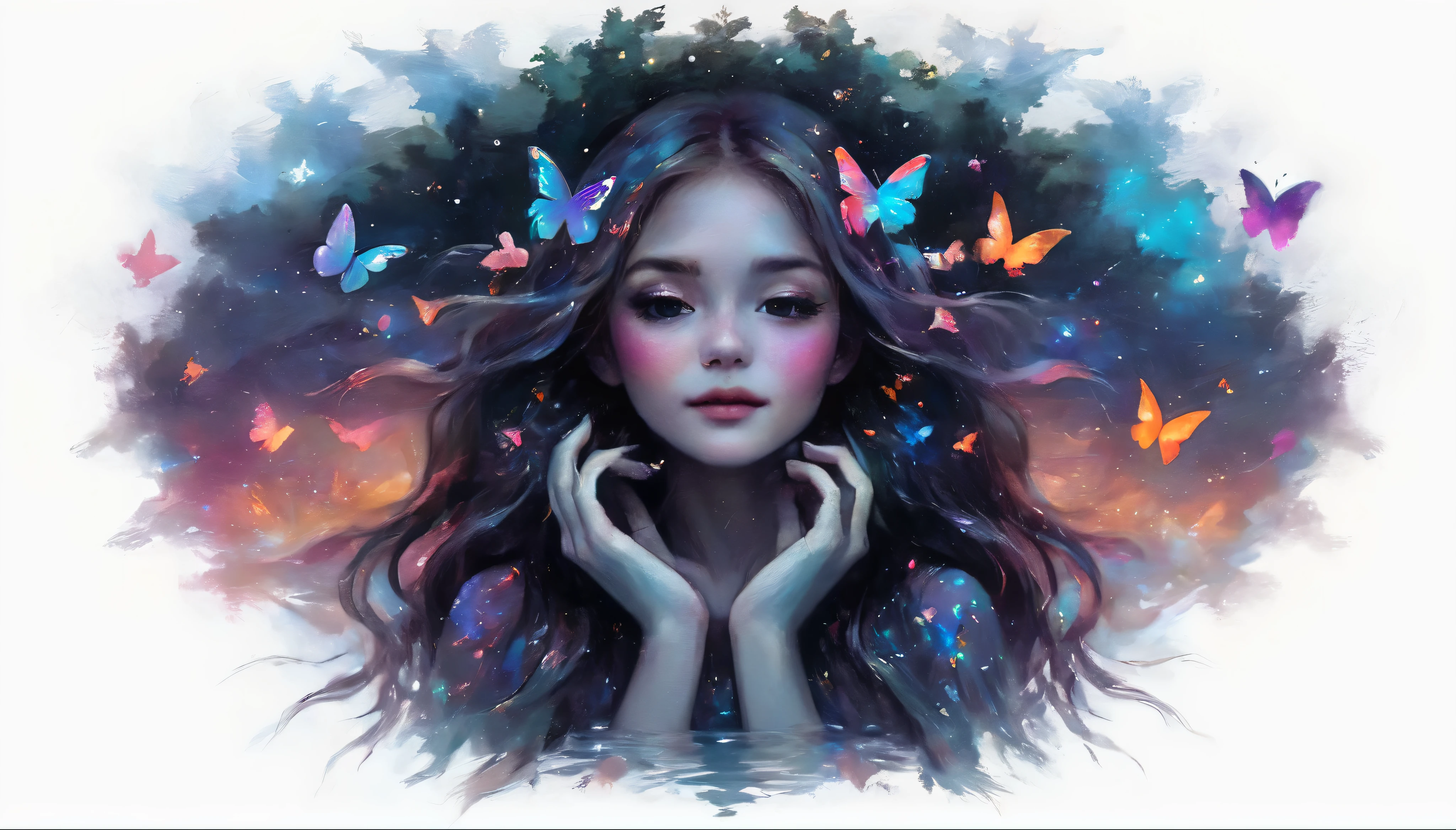 face Closeup, Cute and beautiful girl with long glowing blonde hair wearing long colorful glowing dress, Iridescent grass Painting butterflies flying on the water, Looking at the starry sky. It is surrounded by colorful nebulae and colorful forests.