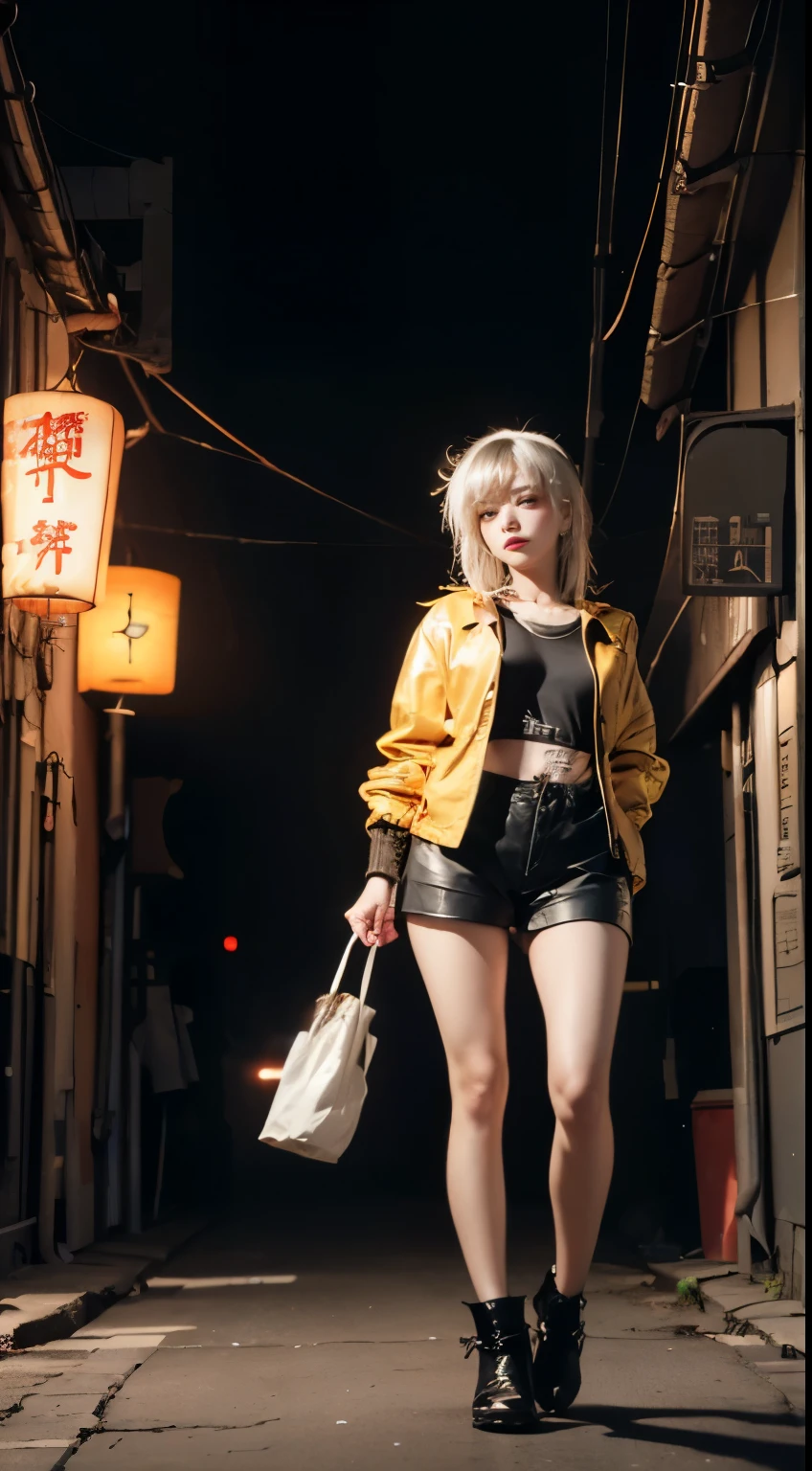 masterpiece,highest quality,High resolution, 1 girl,from below,(とても細くてstraight legs),,(とてもlong legs,straight legs),,high heels,long legs,standing on one's own feet, Legs are long when viewed from the front, perfect body,with perfect legs,(exterior),full body esbian,cyberpunk characters,dynamic pose,1 girl,delicate eyes,brown eyes,eye shadow,put on makeup,white long hair, detailed face, fine eyes, looking at the viewer, 鬠红\(put on makeup\), plump lips, red lip,(white long hair:1.3), (standing on one's own feet)mechanically static,machine summon,(hair ornaments:1.1),headgear,((((Yellow Short Jacket,ultra shorts)))),(black lenth stockings,stocking suspenders),city,Light-emitting winding,With a long sword in his hand,arms,cyberpunk light:1.1),neon light,fully mechanical and futuristic elements,technology,The background is a traditional Chinese streetscape,chinatown, street, sky sky, cyberpunk characters, lantern, neon super resolution,(realism:1.3),1(slim:1.2),dramatic lights,vivid details,gorgeous cyberpunk,complex background,Rendering with Octane,