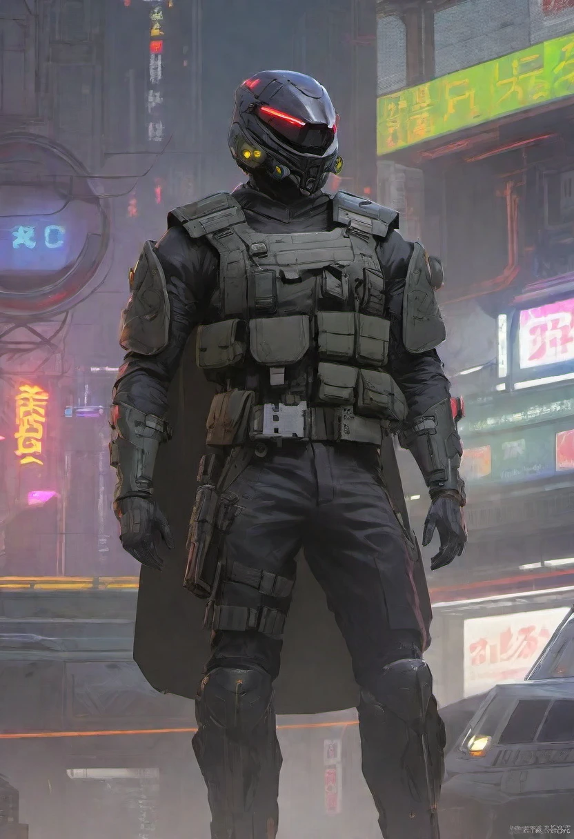 high-res, masterpiece, best quality, Helmet with a tactical armour, Visor, Shoulder pads, Utility belt, Cyberpunk, futuristic, sharpness, cyberpunk city, insta pic, photo of the year, Tactical vest with ammo pouches, A black cape behind him flowing in the wind, Thigh gun holster,