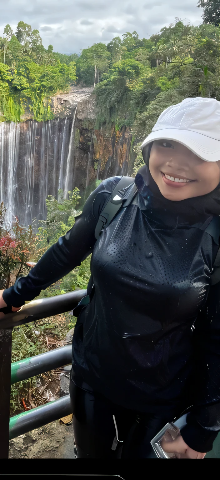 (best quality,4k,8k,highres,masterpiece:1.2),ultra-detailed,realistic, sexy, alluring figure, thick thighs, tight white hiking gear, wet clothes, clothes stick to body