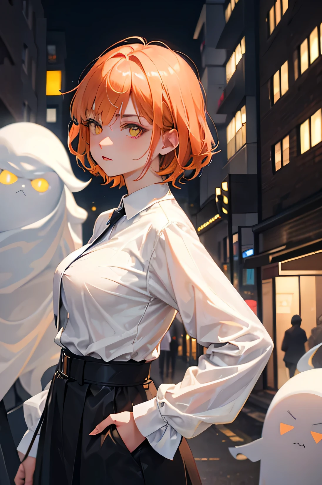 A cool adult woman dressed in Nanami Kento-style clothes、1 person、Hundreds of Ghosts at Night、horror、Orange brown short hair、yellow eyes、luster、gloss、battle、lively look、urban background、glaring、I won't touch it、bold pose