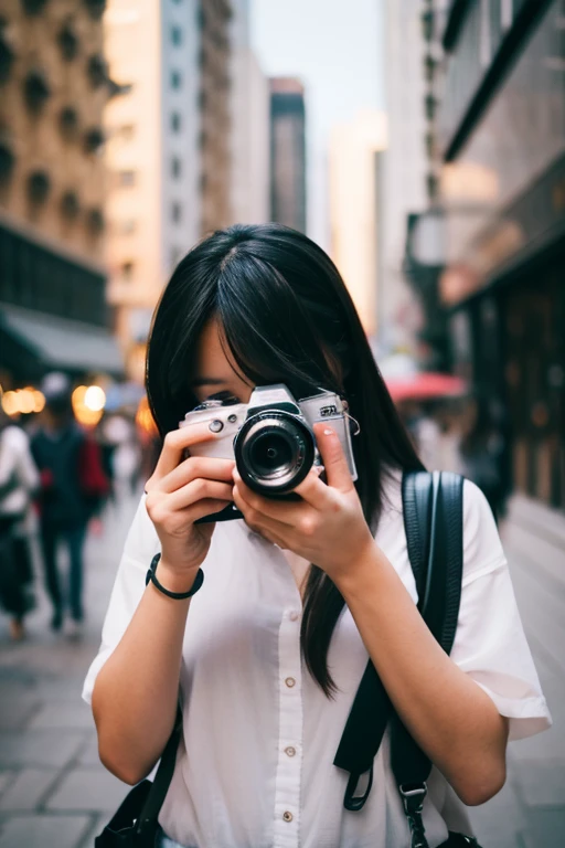 (top quality,8K,​Masterpiece),Alafedo woman taking photos with camera in the city, Single eye 50mm portrait photo, Professional DSLR photography, women photos,huge , High Quality DSLR photography, Professional photography, 4K portrait photos, DSLR photos, portrait photo, photography], DSLR photos, 专业photography师, Paparazzi photography, DSLR photos, Raise the camera, Own a SLR camera