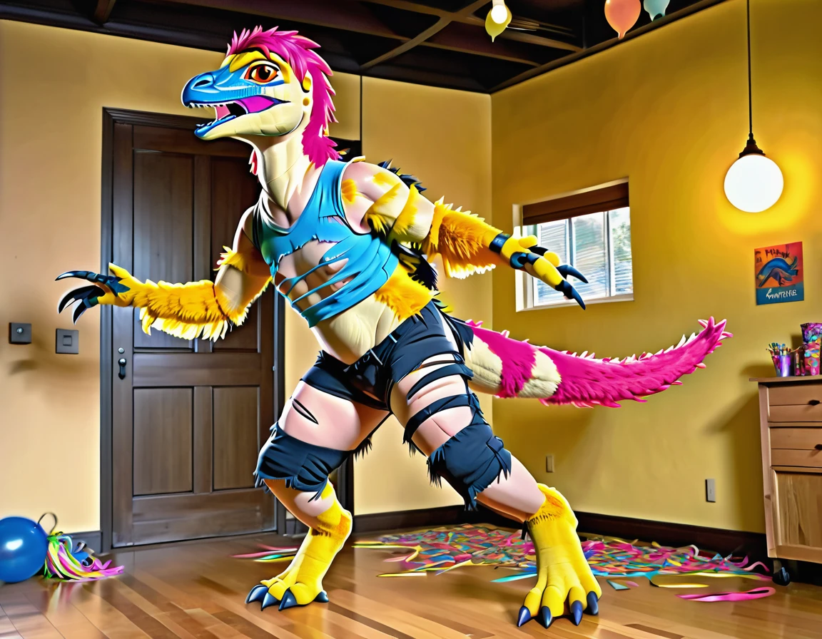 Ultra high resolution, best quality, masterpiece, (involuntary pinata transformation), mid transformation, (a shrunken, terrified, and aroused male human college boy deinonychus velociraptor piñata sexdoll hybrid at college frathouse party:1.9), (upperclassmen gather around in awe to watch you transform:1.65), (you shrink into a mere 2 feet tall and 3 feet long pinata:1.5), (you are hanging suspended in midair from the dorm ceiling by chains attached to your back, wrists, and ankles:1.95), (wearing loose baggy oversized muscle shirt and sweat pants:1.85), (human feathered deinonychus piñata partial hybridization:1.85), (the magic raptor pinata mask morphs and shrinks you into a deinonychus sexdoll piñata:1.6), ((black:1.6) (red:1.45) (pink:1.3) (azul:1.4) (platinum:1.4):2), (part human:1.55), (real life, photorealistic:1.8), (partial feralization:1.7), (NSFW:1.85), (pinata-fication suspension bondage transformation:1.5),