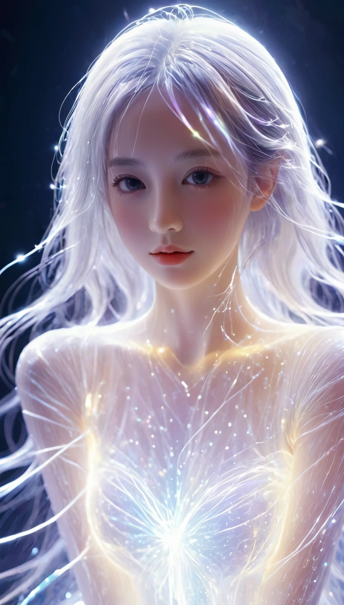 bailing_particles,bailing_lines,Lines of light,Particles of Light,A girl made of particles,The density of lines at the finger part is high,(white hair:0.3),