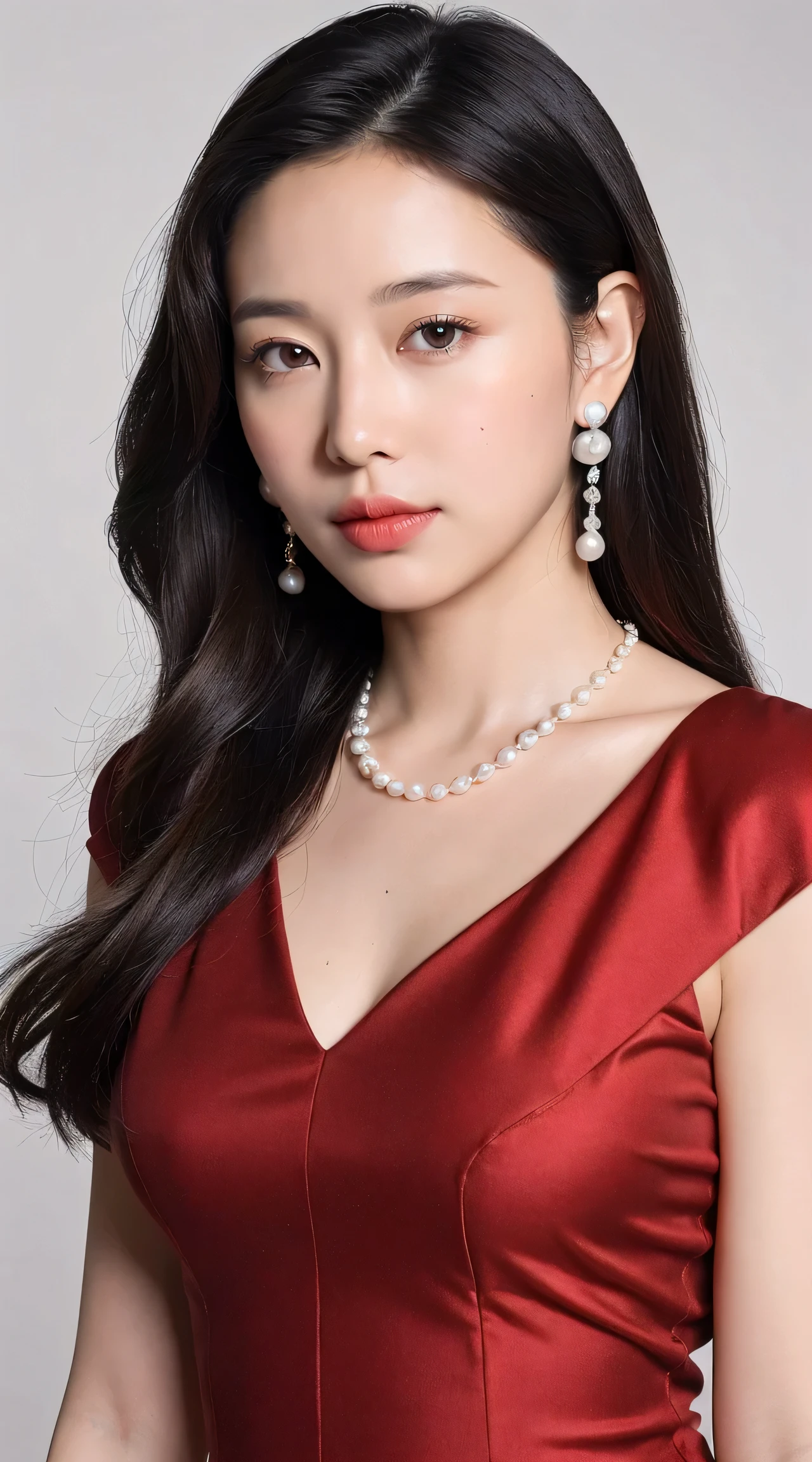 ((highest quality, 8K, portrait photography: 1.3)), (viewer display), photorealism, sharp focus, alone, beauty products,medium long hair,Pearl necklace、pearl earrings、 emphasize the chest, medium breasts,(deep red dress),30 years old、flower background