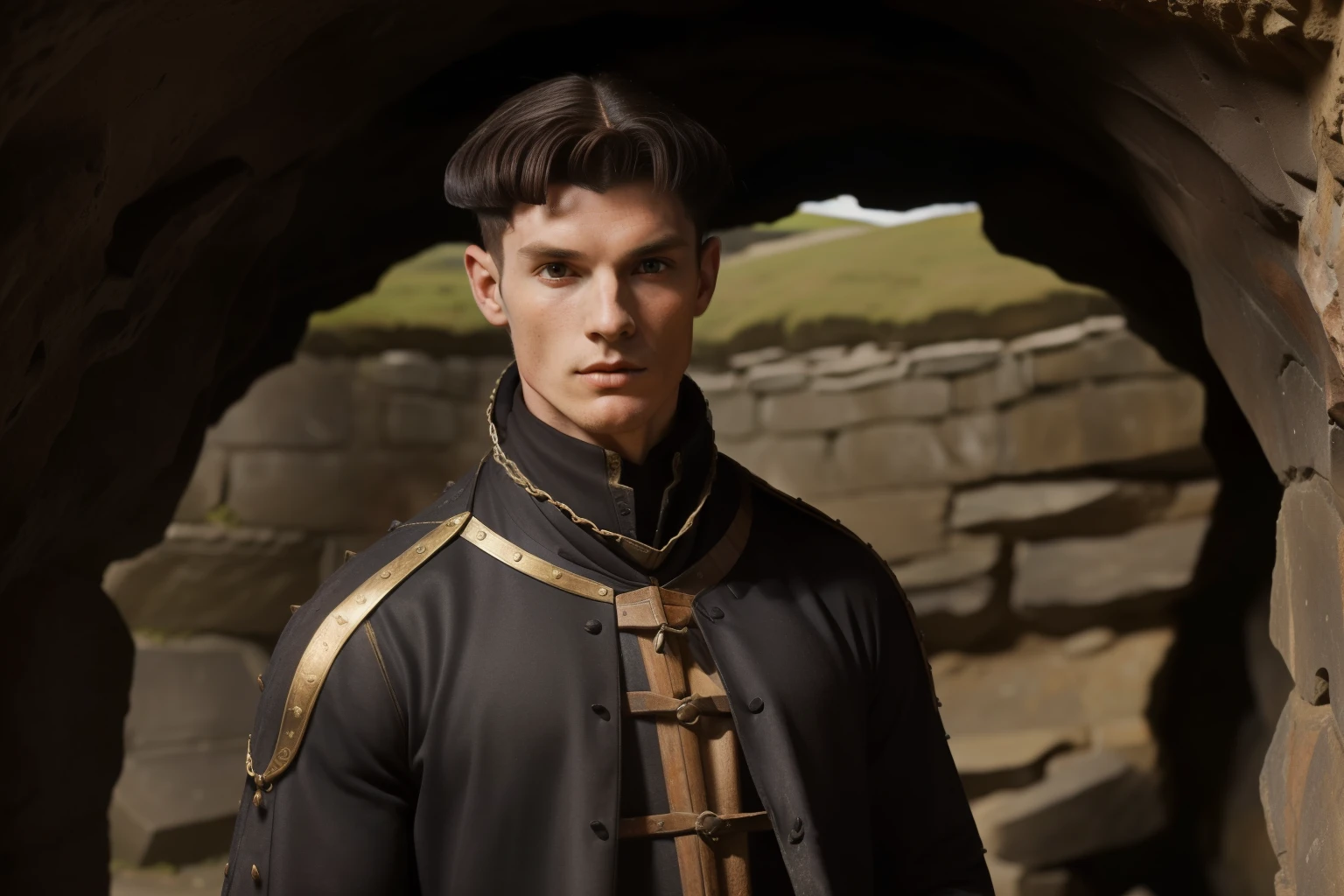 Edimburgh, 1547. ((((21-year-old)) Francis Crawford of Lymond)), tall, athletic, angular features, strong jawline, high cheekbones, piercing eyes, charismatic. In a cave, ((((clothings from the 1540s)))), ((dark hairstyle of the 1540s))