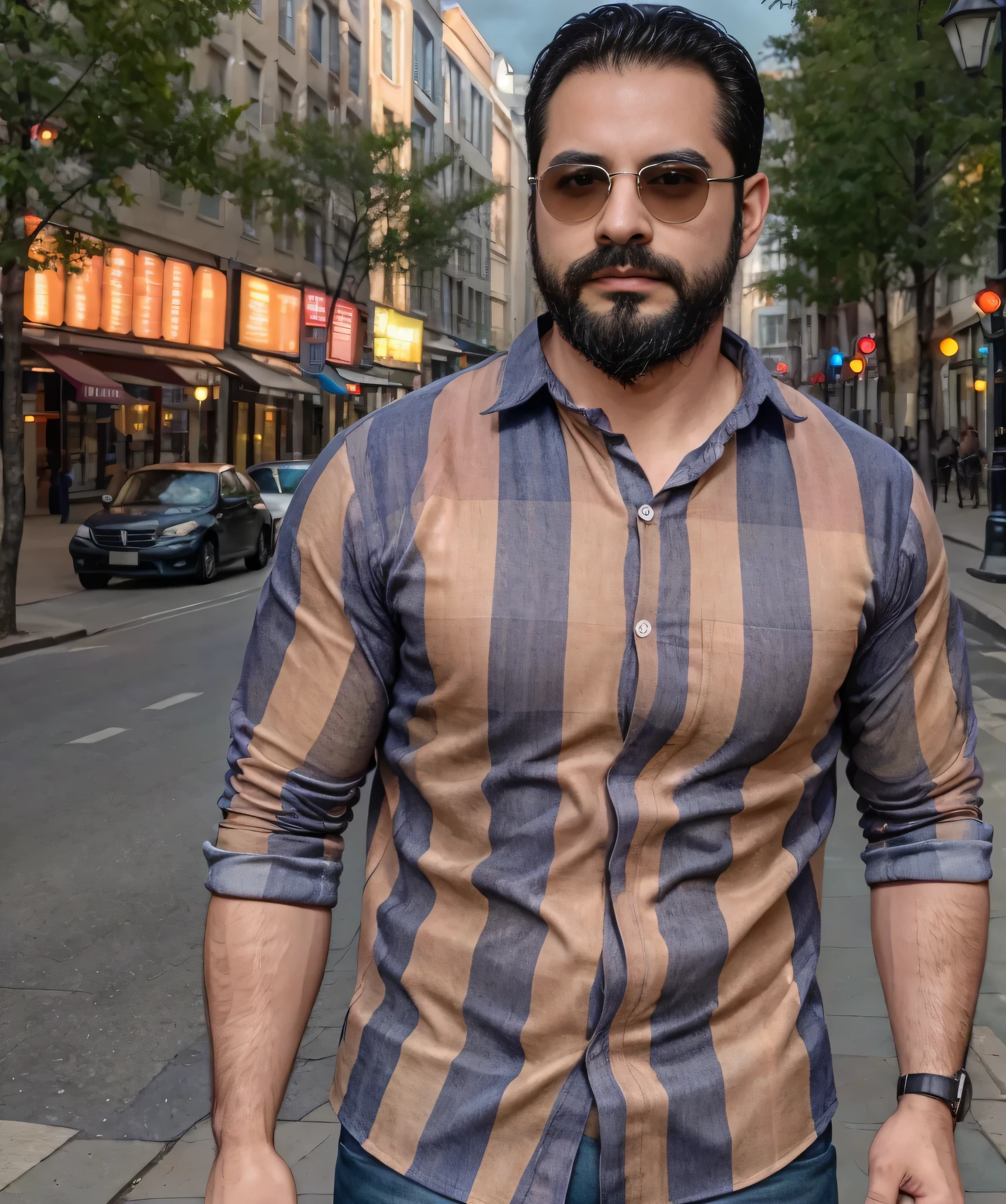 (best quality,4k,8k,highres,masterpiece:1.2), ultra-detailed, realistic:1.37, HDR, studio lighting, professional, vivid colors, bokeh, portraits, man in his late 30s, bearded, wearing sunglasses, wearing formal attire with checkered shirt, walking on the street.