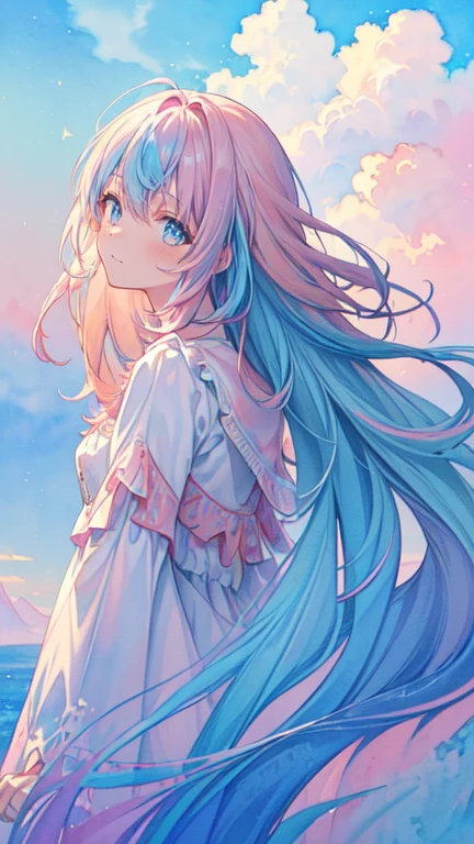 (masterpiece, top quality, best quality,watercolor (medium),official art, beautiful and aesthetic:1.2),(1girl:1.3), (fractal art:1.3),upper body, from side, looking at viewer,patterns,(pastel colour, colorful hair,half blue and half pink hair:1.2),cloud,colorful, starry,stars,detailed face, detailed eyes, detailed hands, full body