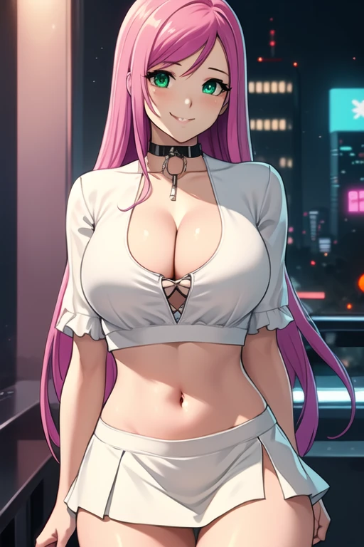 1 girl, 19 years old, Long pink hair, green eyes with slit pupils, master-piece, best quality, (standing up), (white buttoned crop blouse), (puff sleeve white crop blouse, black pencil mini skirt, cleavage), (Big , ultra gigantic , Super super big, Glamorous body), Make eye contact with the camera, front figure, looking forward, (light_Smile:1.5), (Detailed hands and fingers:1.2) (Cyberpunk City), (FULL BODYSHOT), thighs thighs thighs thighs、beauty legs、Bare legs