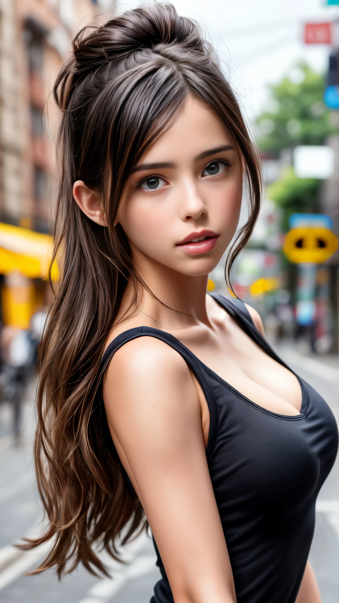 (Margaret Qualley)), (highest quality, High resolution, masterpiece :1.3), Beautiful woman, slender body shape, dark brown hair, sleeveless T-shirt, Highly detailed face and skin texture, big beautiful eyes, double eyelid, liberty statue, Wishing for something, masterpiece, best quality, photorealistic, Citizen of Guinea-Bissau, very cute super model, perfect anatomy, skinny, cleavage, transparent yellow top
