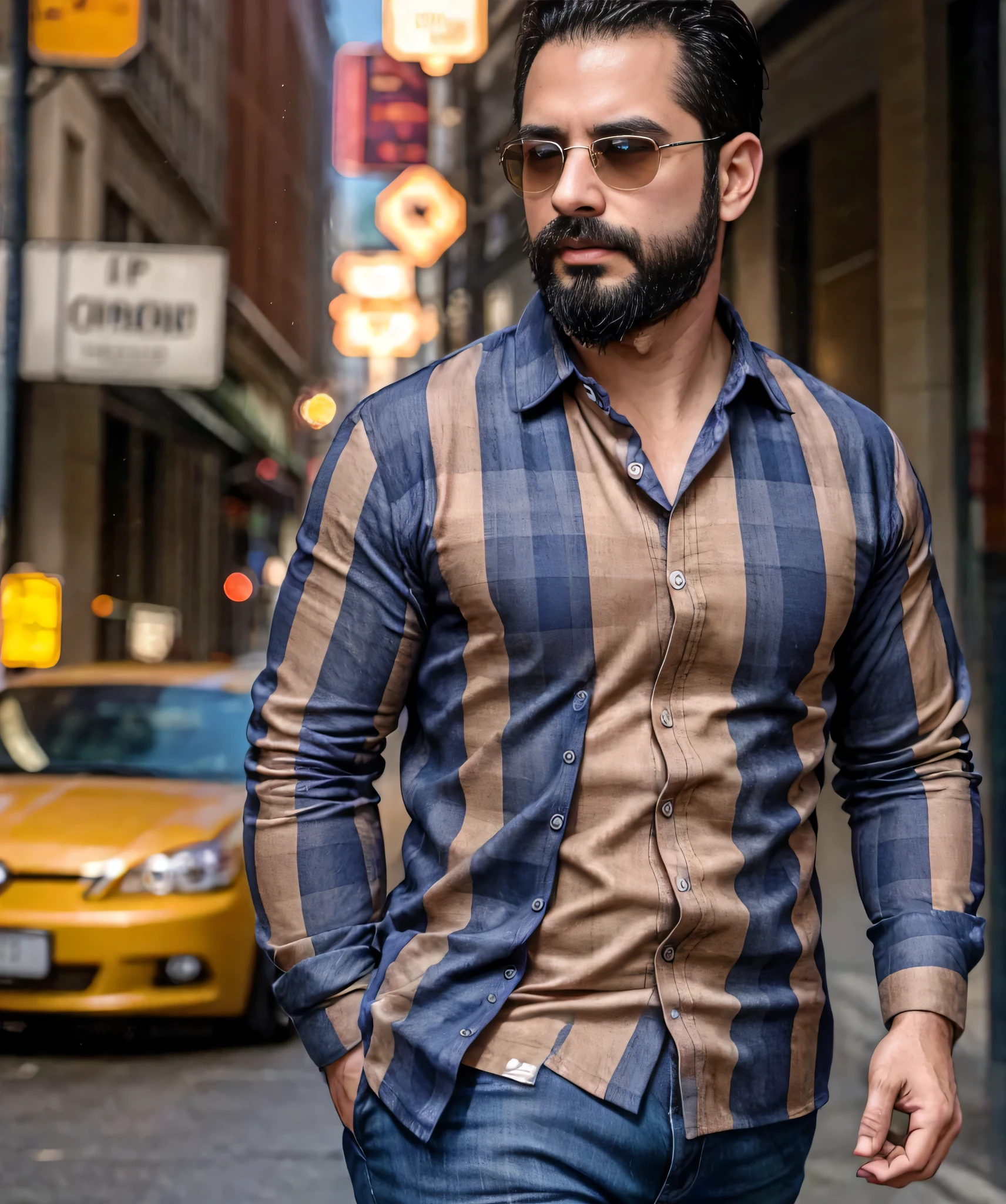 (best quality,4k,8k,highres,masterpiece:1.2), ultra-detailed, realistic:1.37, HDR, studio lighting, professional, vivid colors, bokeh, portraits, man in his late 30s, bearded, wearing sunglasses, wearing formal attire with checkered shirt, walking on the street.