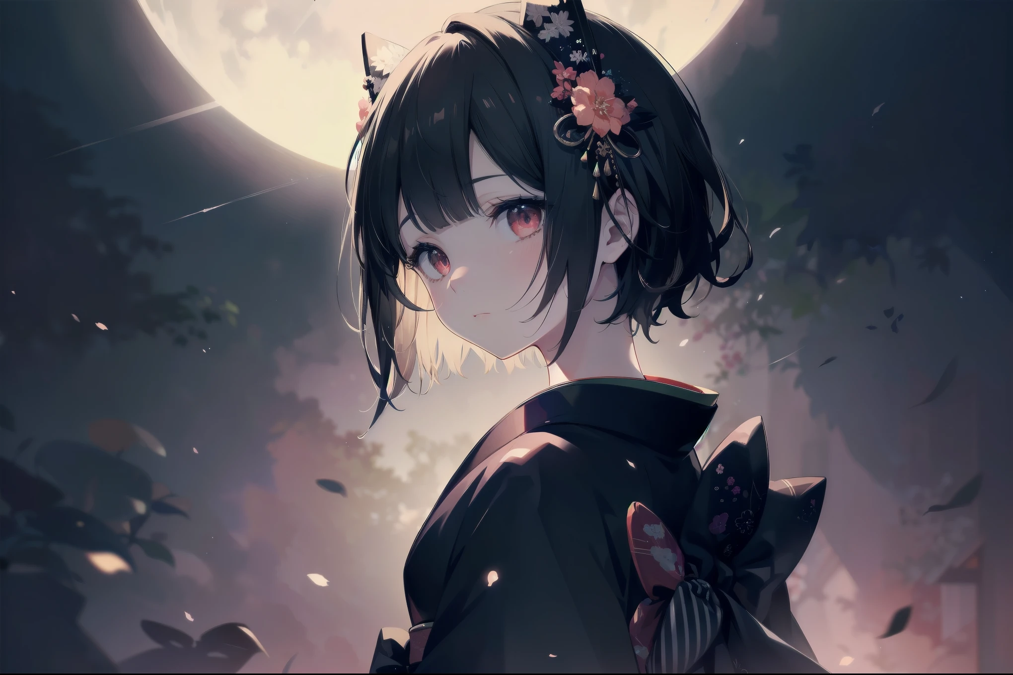 Dynamic angle, Perspective, (Backlight, Dark:1.5), Illustration, Top quality, Masterpiece, High resolution, Very delicate and beautiful, Very detailed wallpaper, Original, 1girl, Lolita, White skin, Short hair, Dark hair, Dull fringe, Fine eyes, Red eyes, (Black kimono:1.2), Japanese, Moon beauty, Cute
