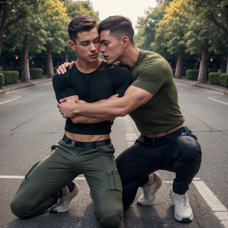 Two handsome men with athletic bodies, they were wearing military pants, shirts and shoes, they were hugging each other, their lips were kissing each other, and their crotches were rubbing against each other