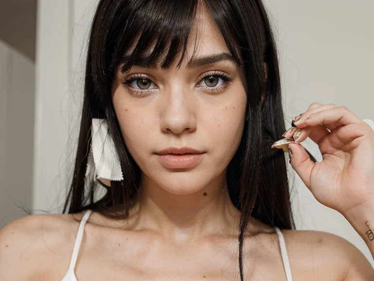 chica de piel blanca con pecas, amber eyes and long straight black hair with bangs.