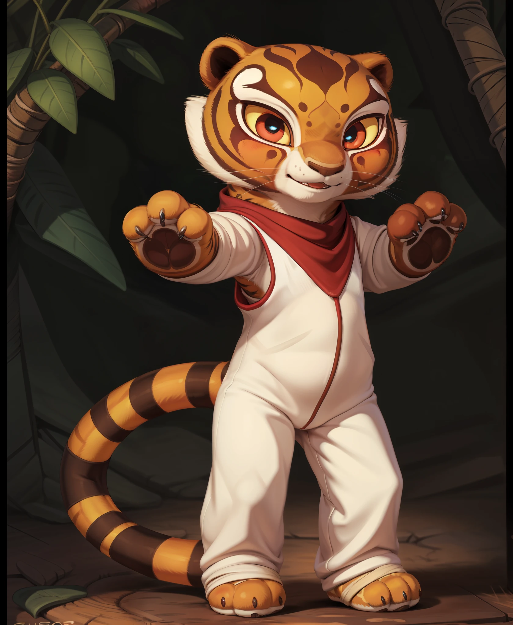 master tigress,round pupils,2d, slender, woman, young, small tail: 1.1, beautiful eyes, perfect anatomy, furry, detailed furry, on e621, detailed background, high resolution, absurd resolution, shaded, cute, solo, by siroc, by zinfyu, by dagasi,  by chunie, 
 